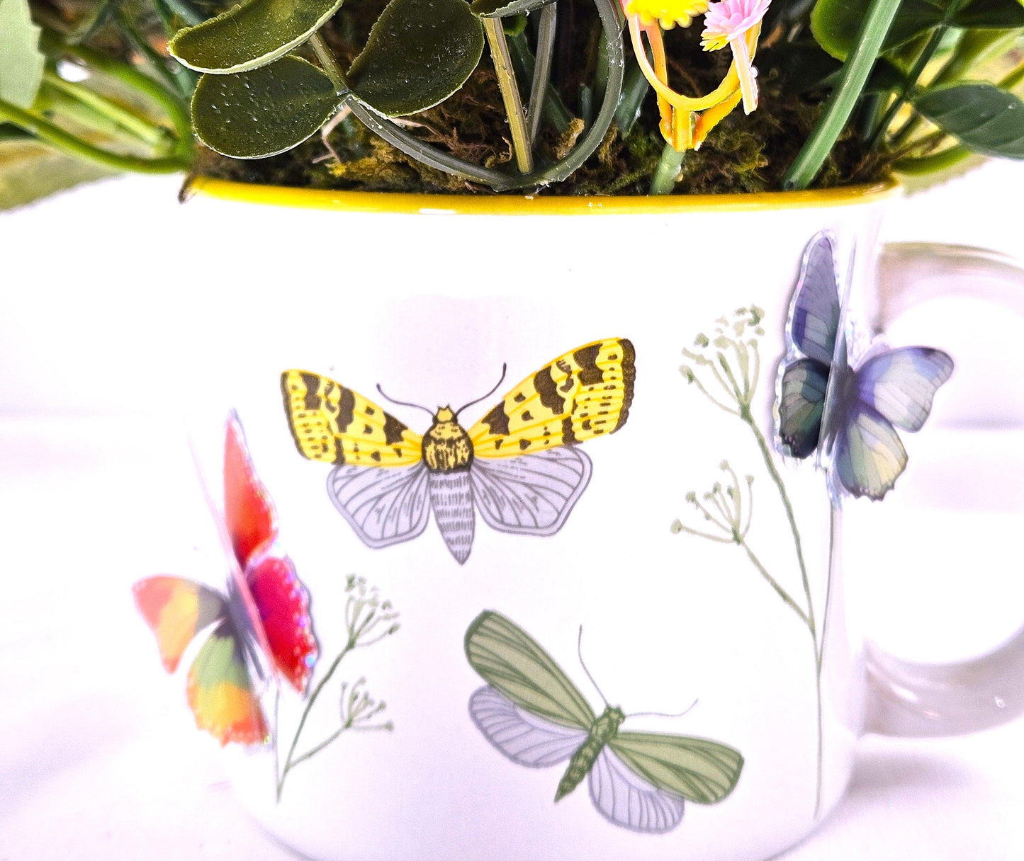Butterfly Lover's Delight Floral Centerpiece/White Mug Adorned w/MLoths and Butterflies/Large Gold Butterfly Accent/Pink/Yellow/White Floral