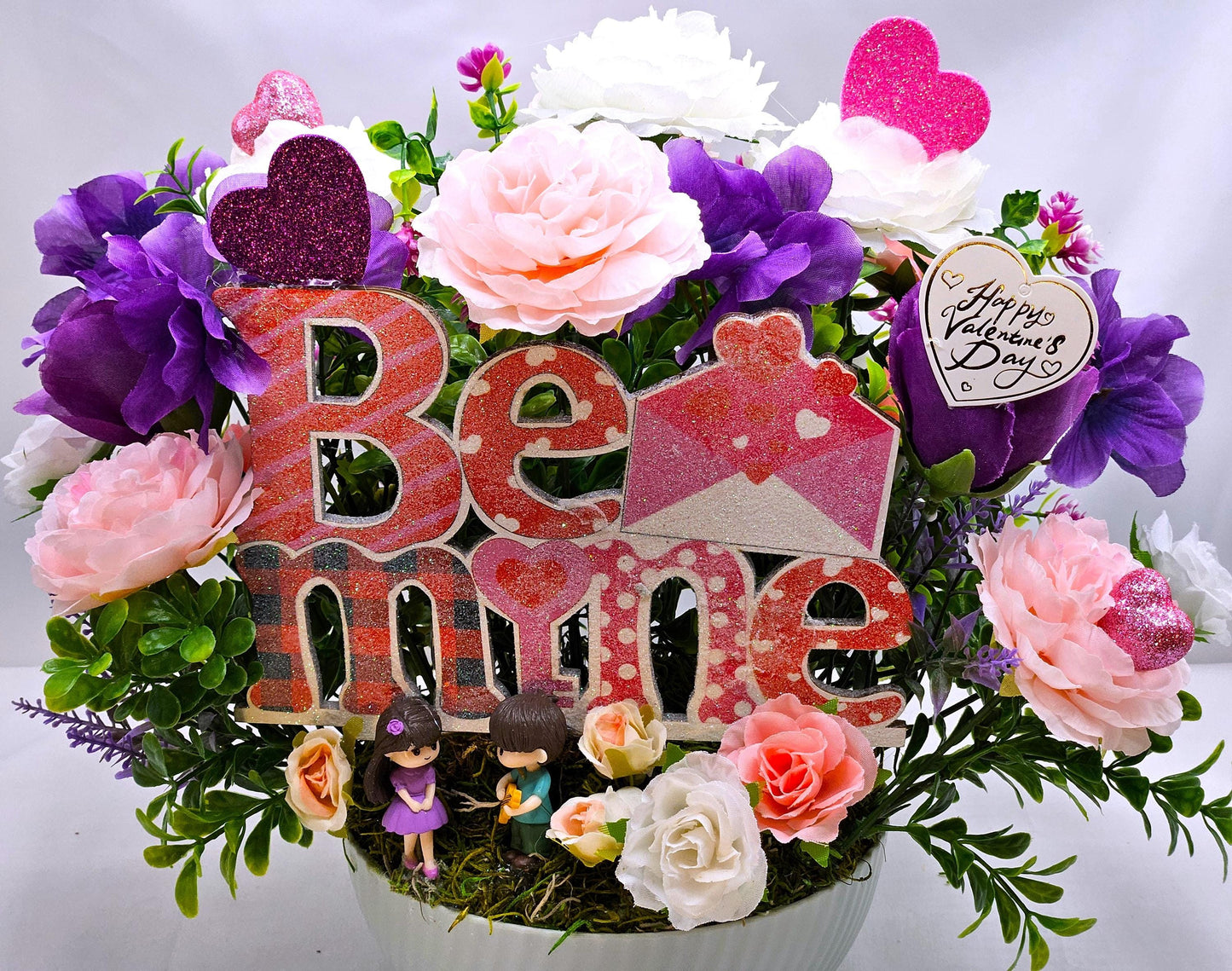 Romantic Bee Mine Card, Valentine Day Greeting, Pink Purple Greenery Scene, Couple in Love, Heart Flowers