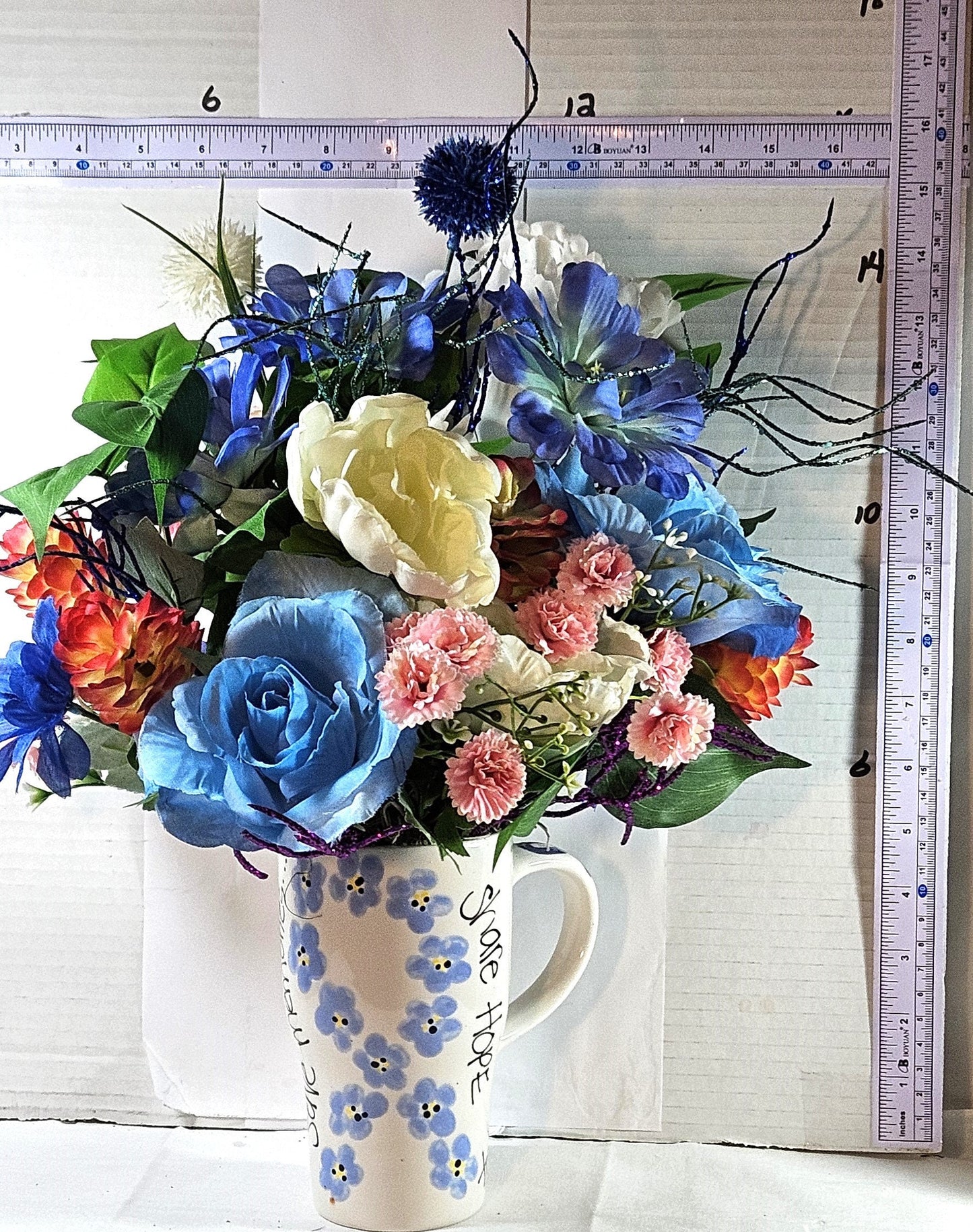Supportive Cancer Awareness Mug - Beautiful Ceramic with Blue Ribbon & Flower Arrangement, Perfect Gift for Warriors