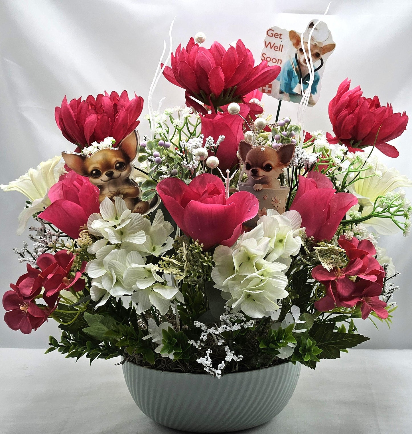 Get Well/Feel Better Floral Arrangeements Featuring Cheerful Chihuahua Pups Amidst a Red/White Flower Garden/Baby's Breath/Glitter Accents