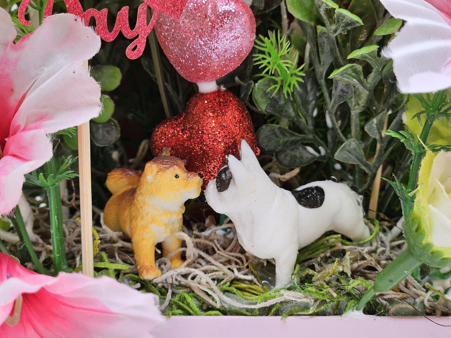 Paw-Fect Togethe Romantic Floral Gift in Decorated Box, Puppy Figures/Hearts/Pink/Green Flowers/White Glitter Accents/Love Gift