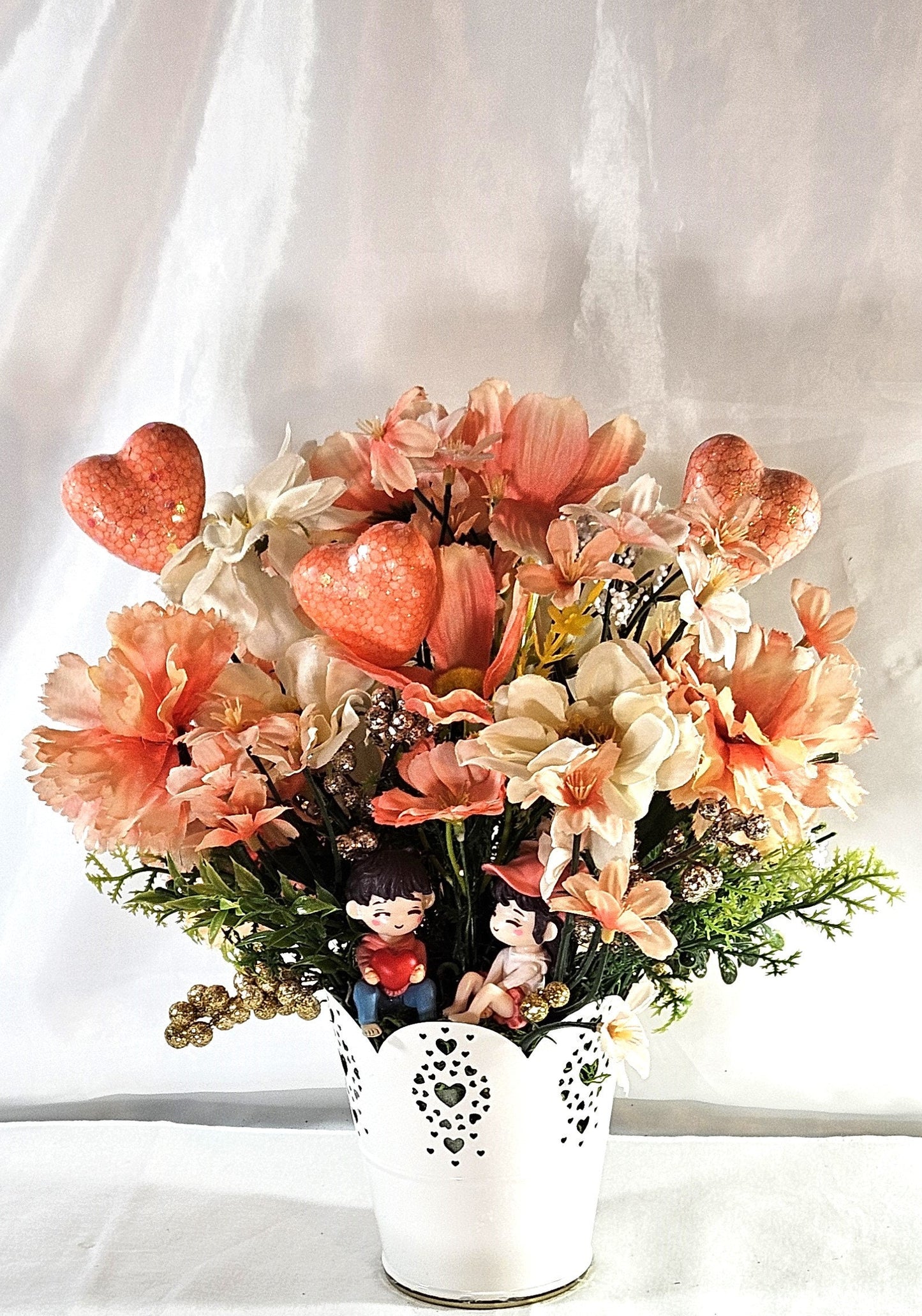 Romantic Centerpiece, Peach Flower Arrangement, Sweetheart Couple, Love Flower Arrangement