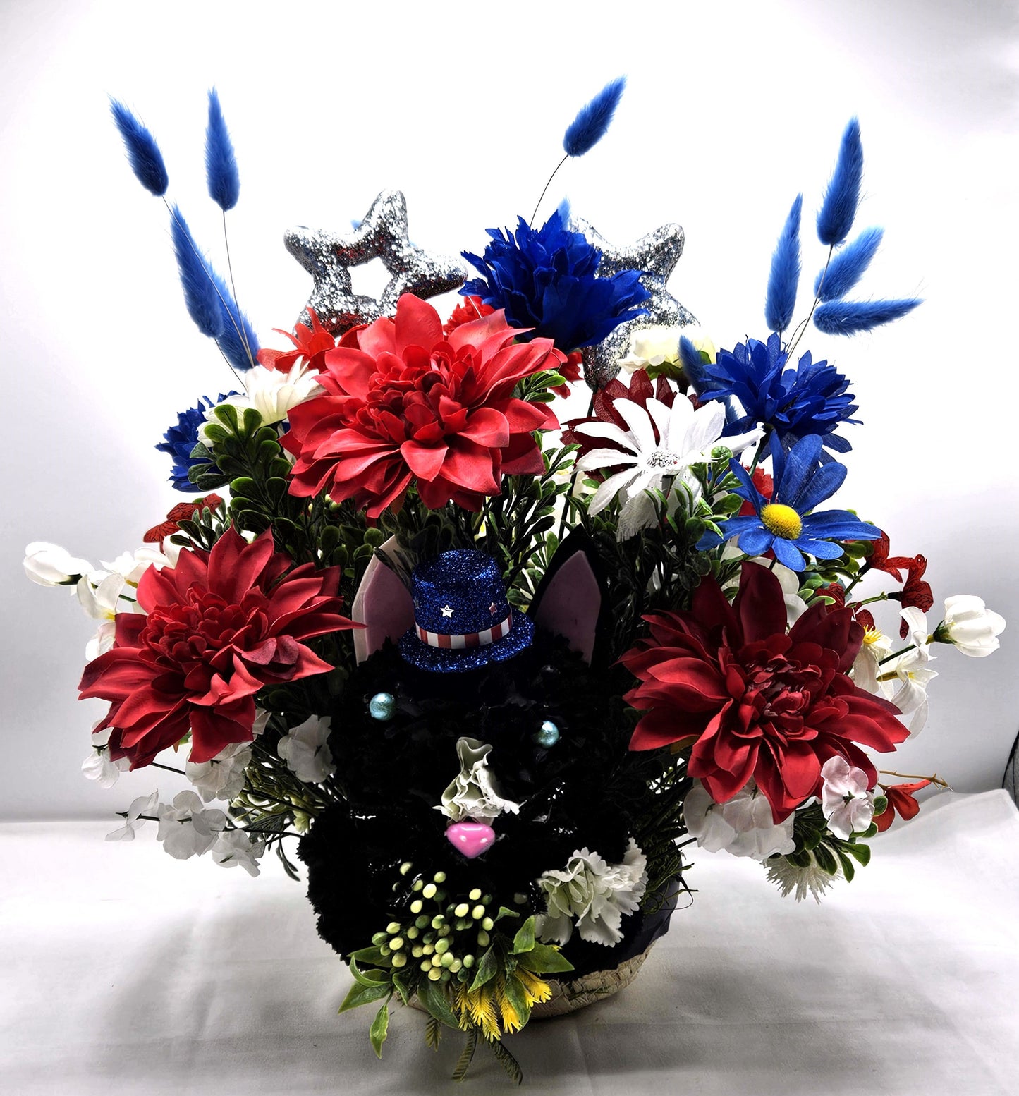 Black Silk Carnation Cat, Patriotic Hat, Pink Nose, Blue Eyes, Garden Cat Decor, Red White Blue Flowers, Cat Lover Gift