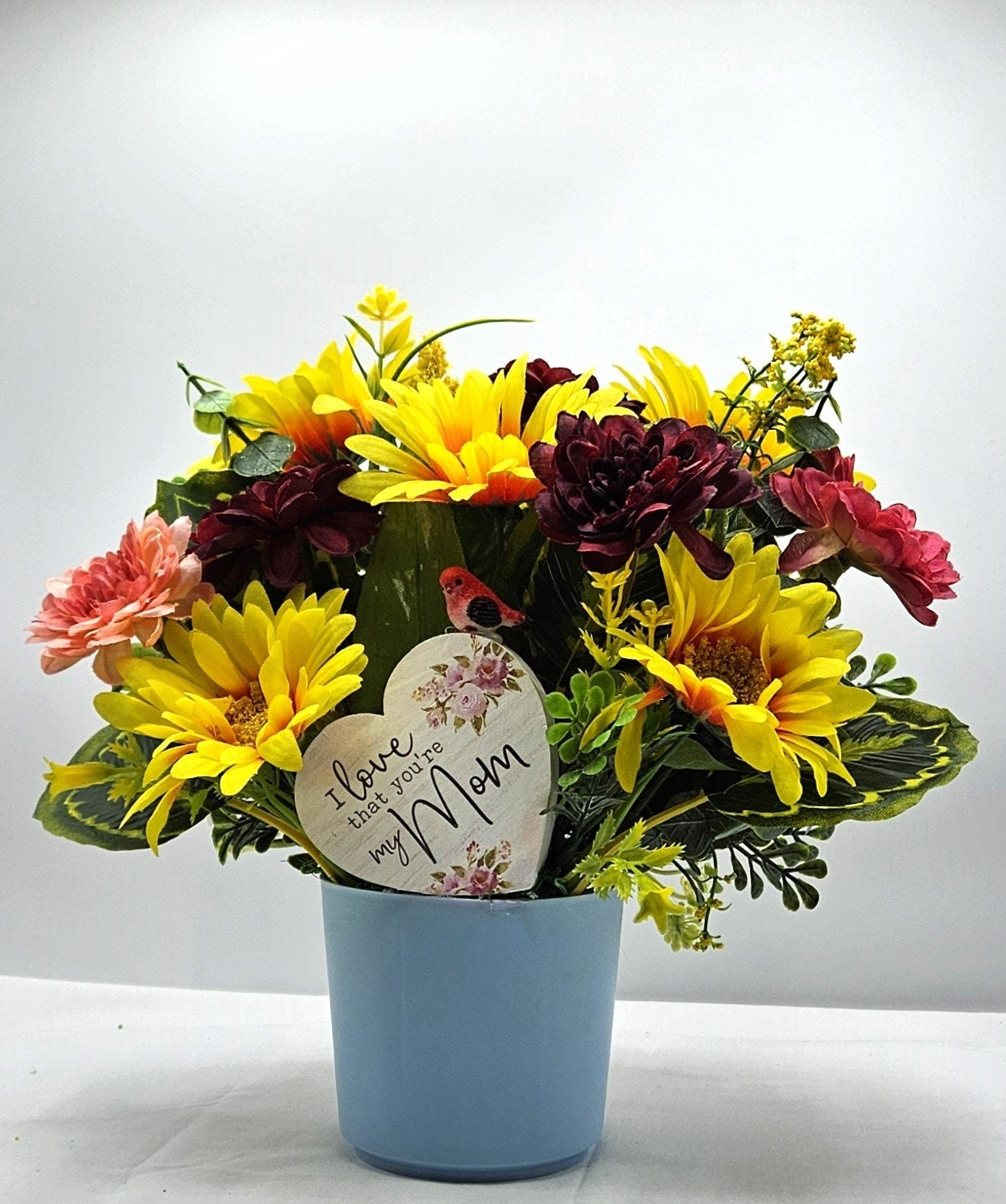 Gift for Mom, 'I Love That You're My Mom' Wooden Heart, Bird Accent in Sunflower.Dahlia, Daisy Spring Flower Mix