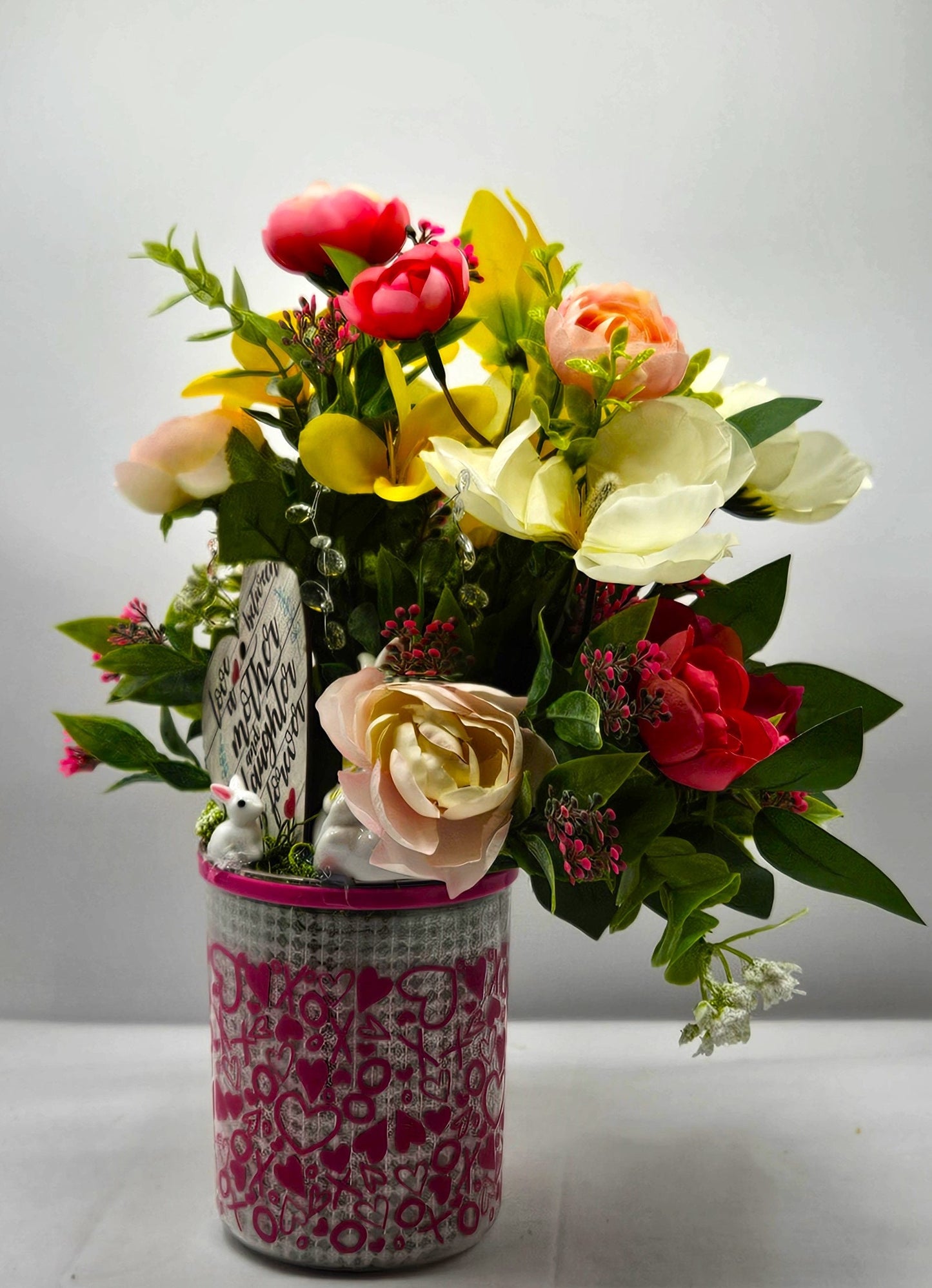 Momma & Baby Rabbits Floral Centerpiece, Heart-Deco Pot with Pink/Yellow Blossoms - Mother's Day Gift, Birthday for Her Gift
