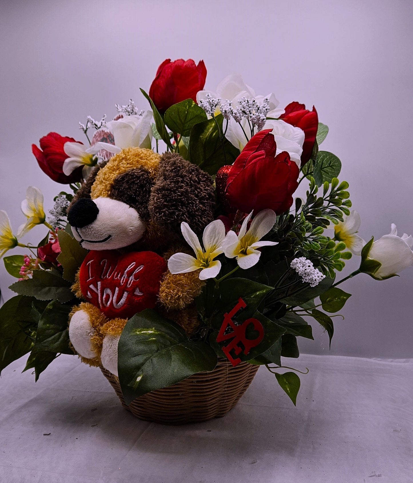 Romantic 'I Wuff You' Flower Arrangement, Red Tulips Bouquet, Cute Pup Floral Display, White Roses, Heart Accents