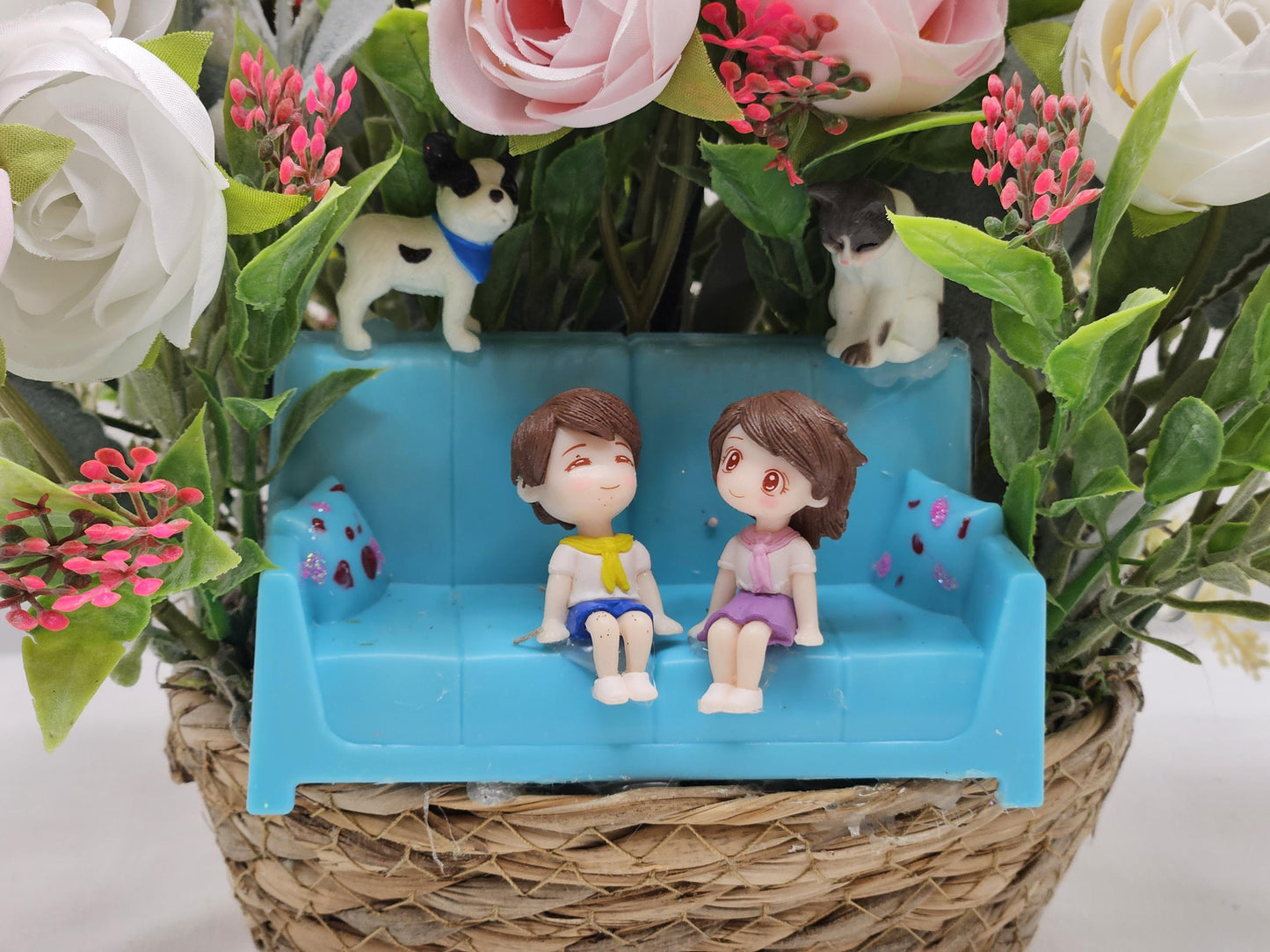 Romantic Couple On Sofa With Puppy And Kitty, Garden Roses, Glittery Hearts, Valentine Gift, I Love You Present