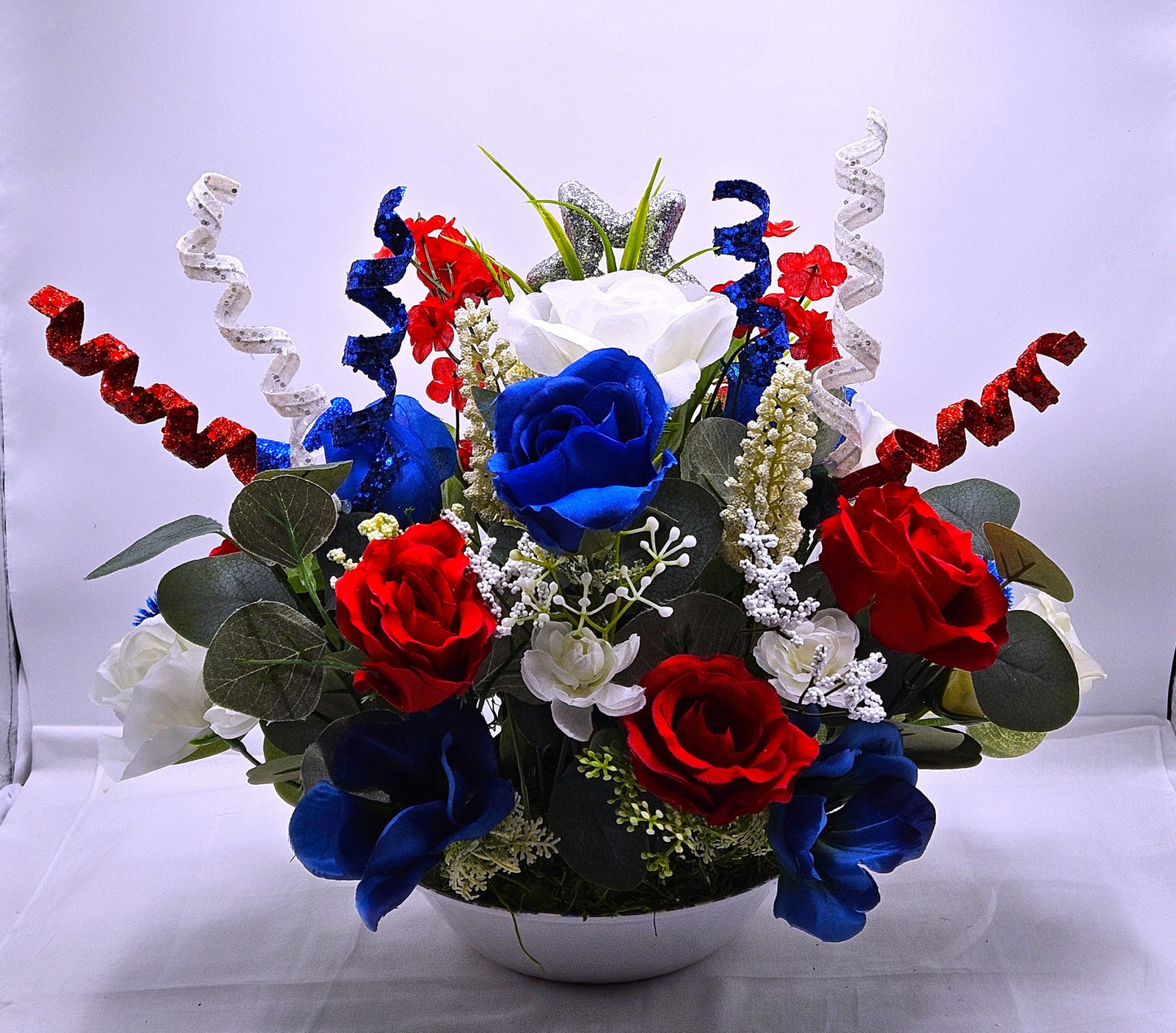 Patriotic Dog Floral Arrangement, Red White Blue Decor, Glittery Stars, Roses or Carnations, 2 Choices