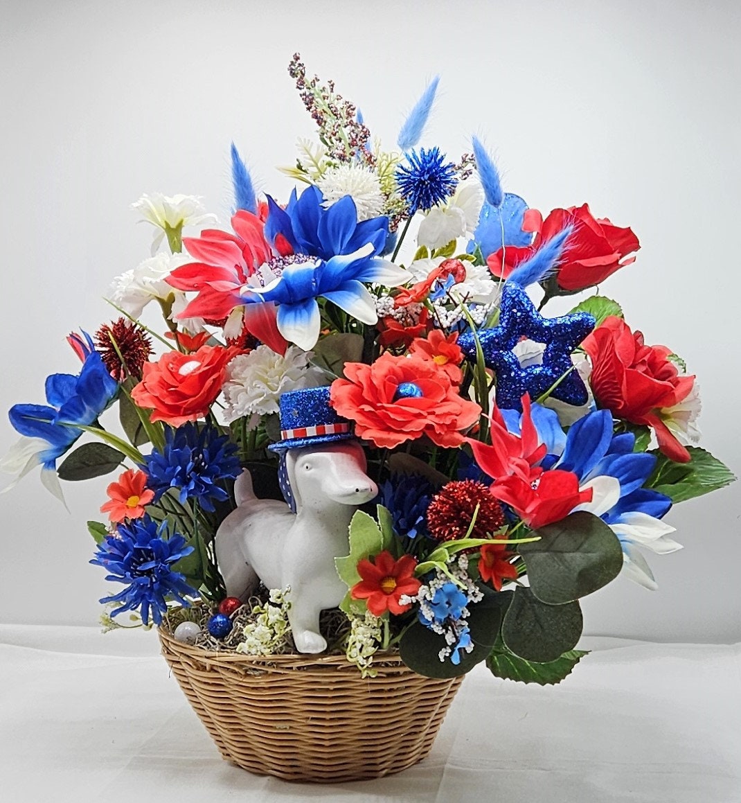 Red White Blue Weiner Dog Flower Arrangement, Patriotic Dachshund Decor, American Hat, God Bless America Gift