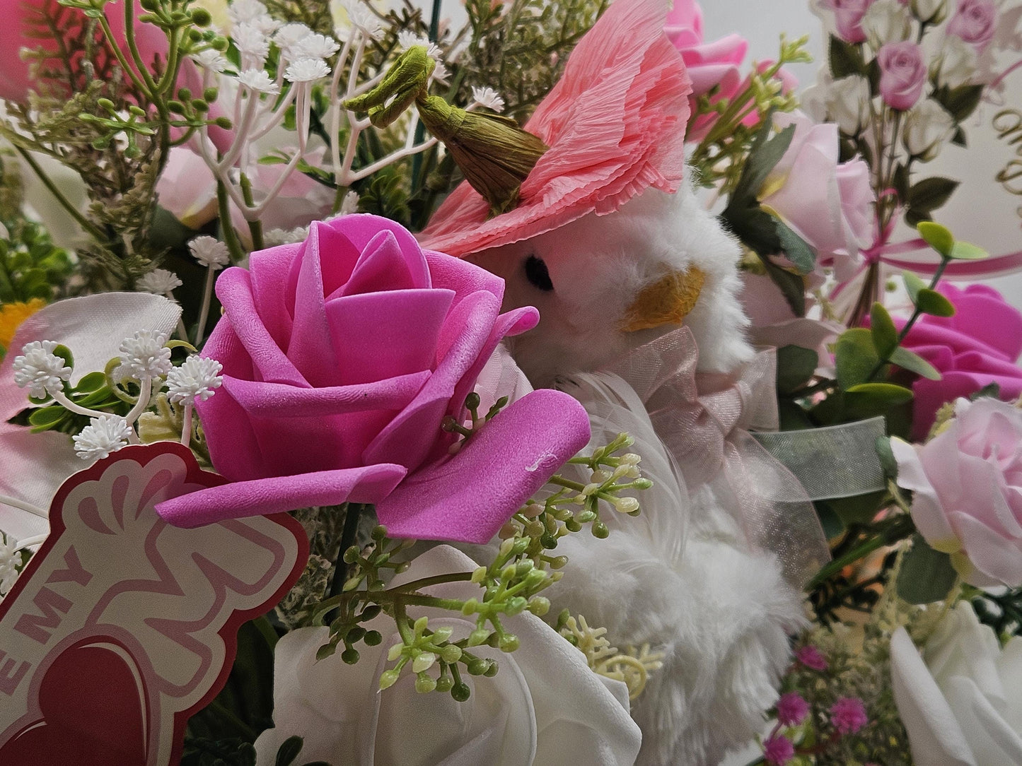 Cheerful or Shy Goose Figure Pedestal Bowl/Twoo Options/Blue/Purple or Pink/White/Lilies, Roses, Other Florals, Greenery, Baby's Breath