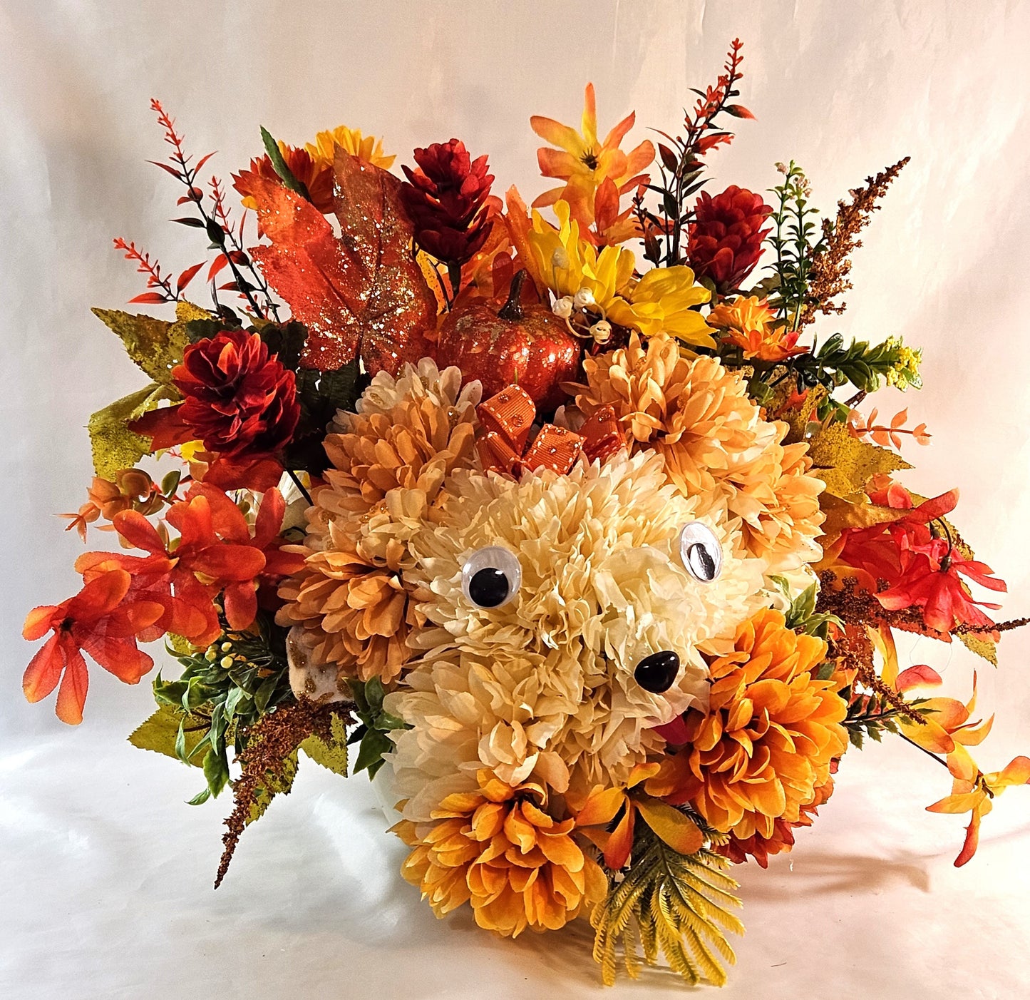 Flower Arrangement Featuring Handmade Carnation and Mum Flower Floppy-Eared Dog with Pumpkins, Mums, Pinecones/other Fall Flowers