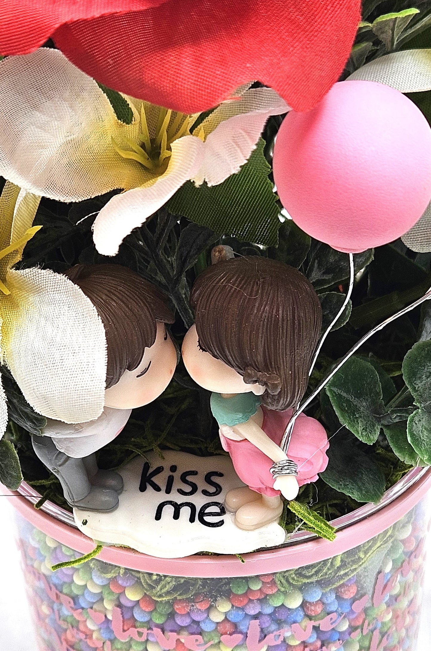 Elegant Kissing Couple Romantic Flower Arrangement for a Touch of Romance, Red/Pink/White Flowers