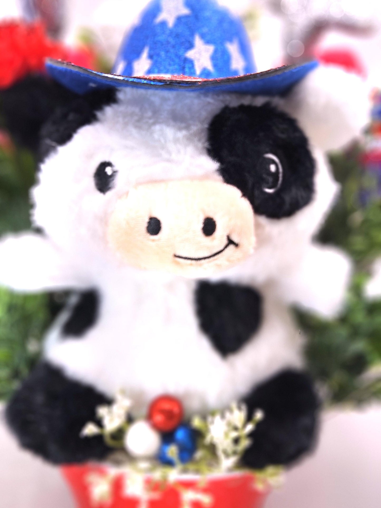 Great American Pride/Patriotic Floral Arrangements/2 Options/FireCracker or Cowboy Cow/Red/Whte/Blue Flowers/Stars Other Patriotic Accents