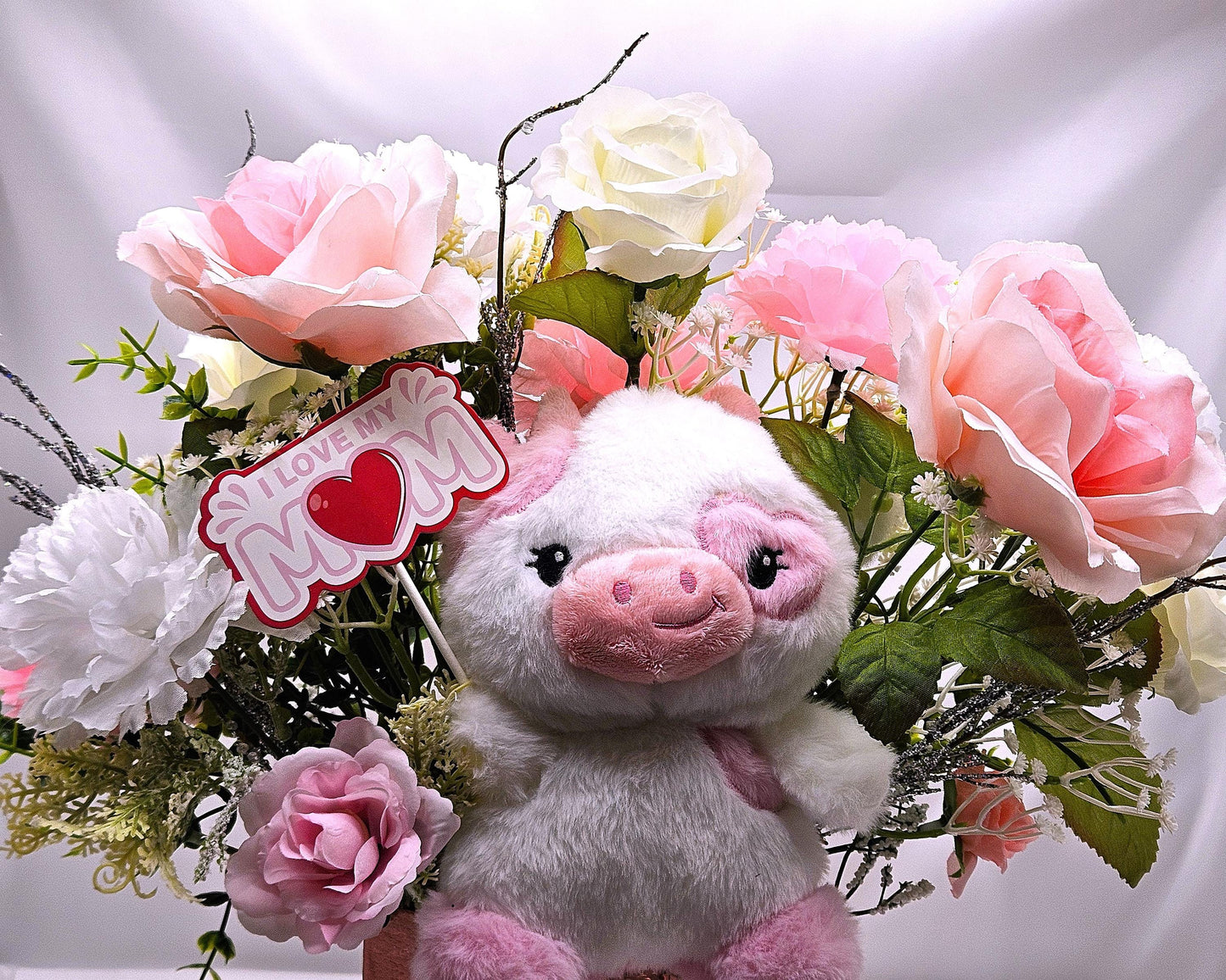Gift Box of Flowers, Cute Pink/White Cow w/sign I Love My Mom Sign Amidst Elegant Carnations/Roses in Box, Great Gift Idea for any Occasion