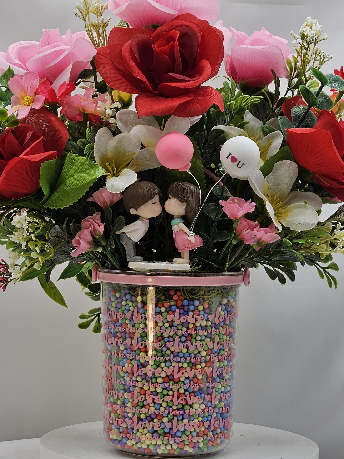 Elegant Kissing Couple Romantic Flower Arrangement for a Touch of Romance, Red/Pink/White Flowers