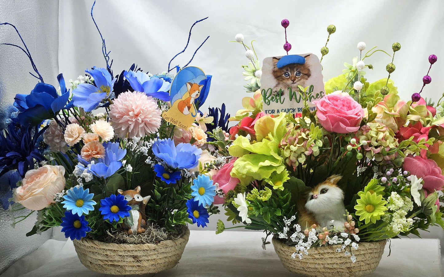 Get Well/Feel Better Floral Arrangements, 2 Options, Cute Fox Theme/Pink/Blue Florals Or Fluffy Cat Theme/Pink/Green Florals/Glitter/Signs