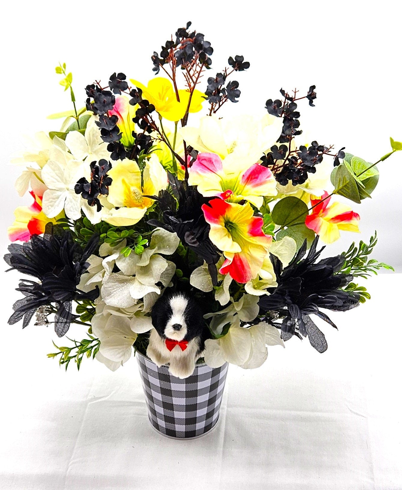 Unique Dog Enriched Black and White Floral Decor with Touch of Pink and Yellow in Black and White Checkered Pot