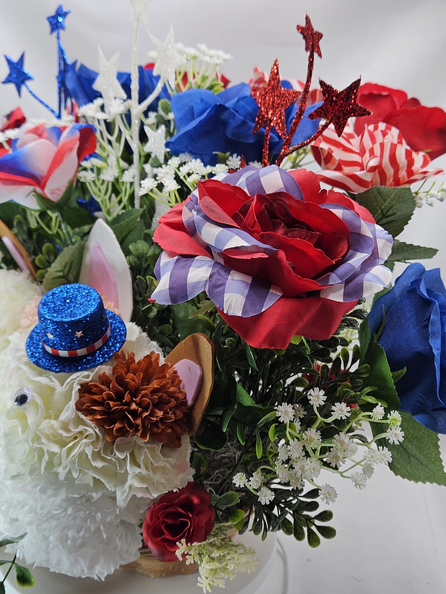 Patriotic Floral Garden Decor, Red White Blue Roses, Carnation Flower Dogs, Sparkly Stars Accents, God Bless America