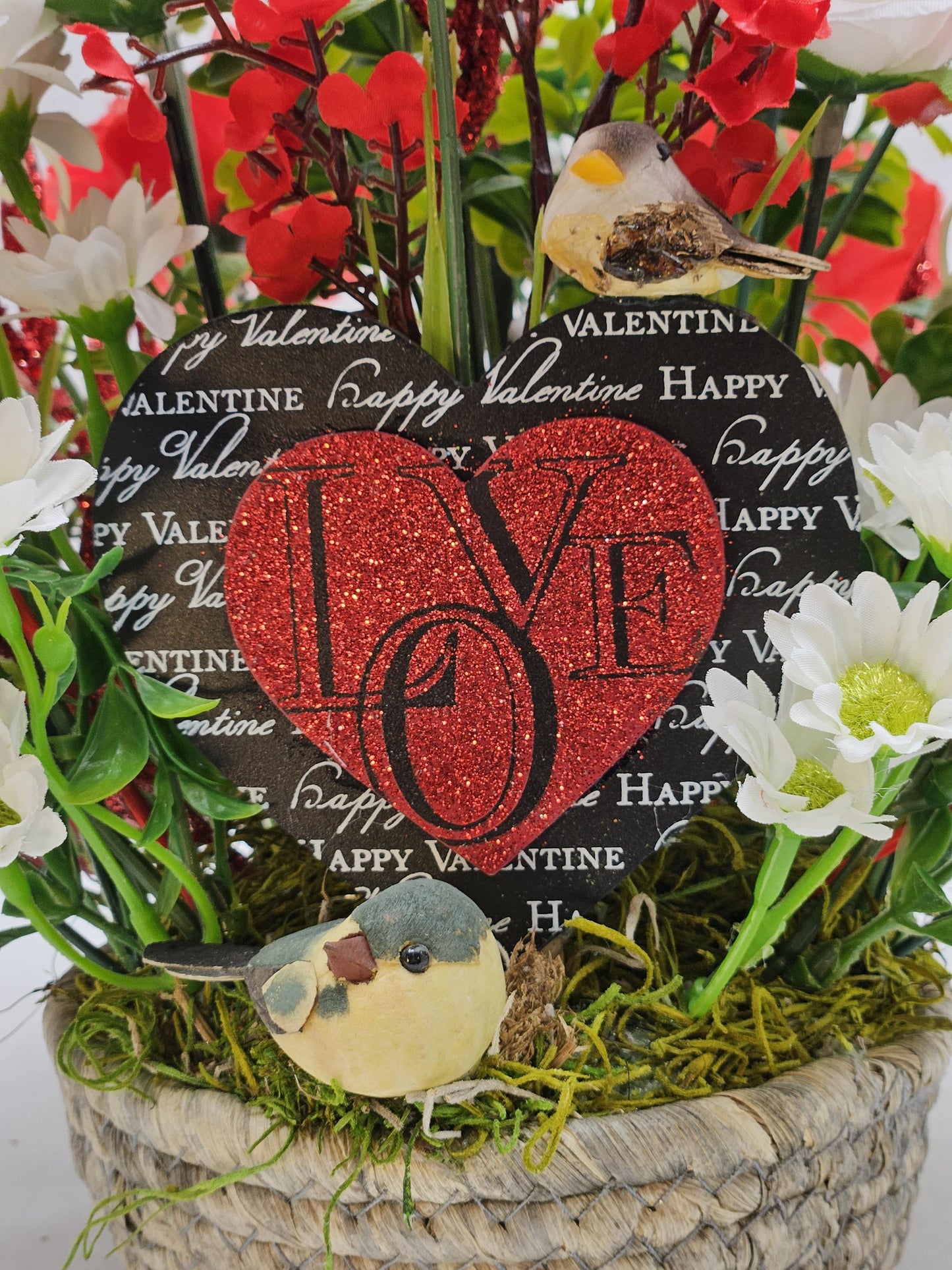 Valentine Floral Heart Garden Decor, Red Roses, White Daisies, Hydrangea, Greenery, Mushroom Birds Accent, Romantic Gift
