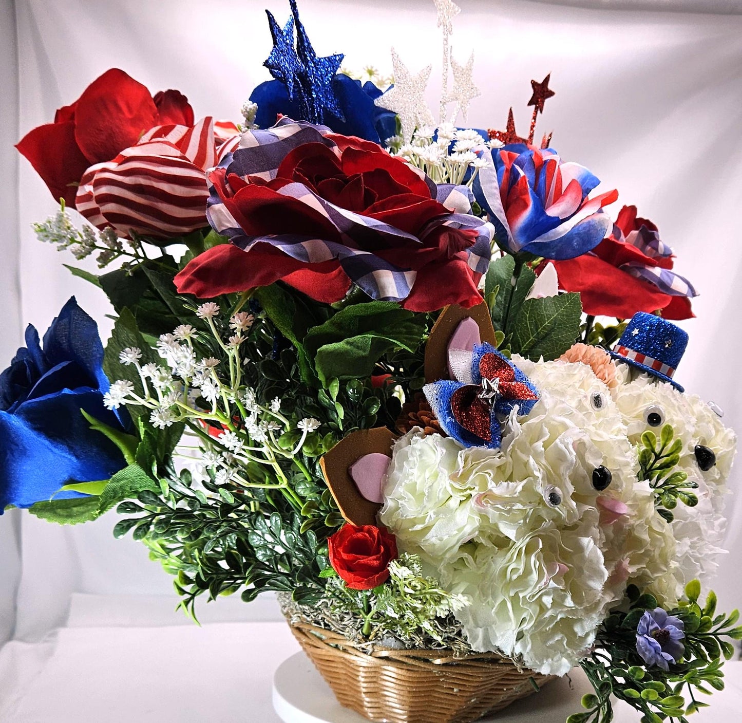 Patriotic Floral Garden Decor, Red White Blue Roses, Carnation Flower Dogs, Sparkly Stars Accents, God Bless America