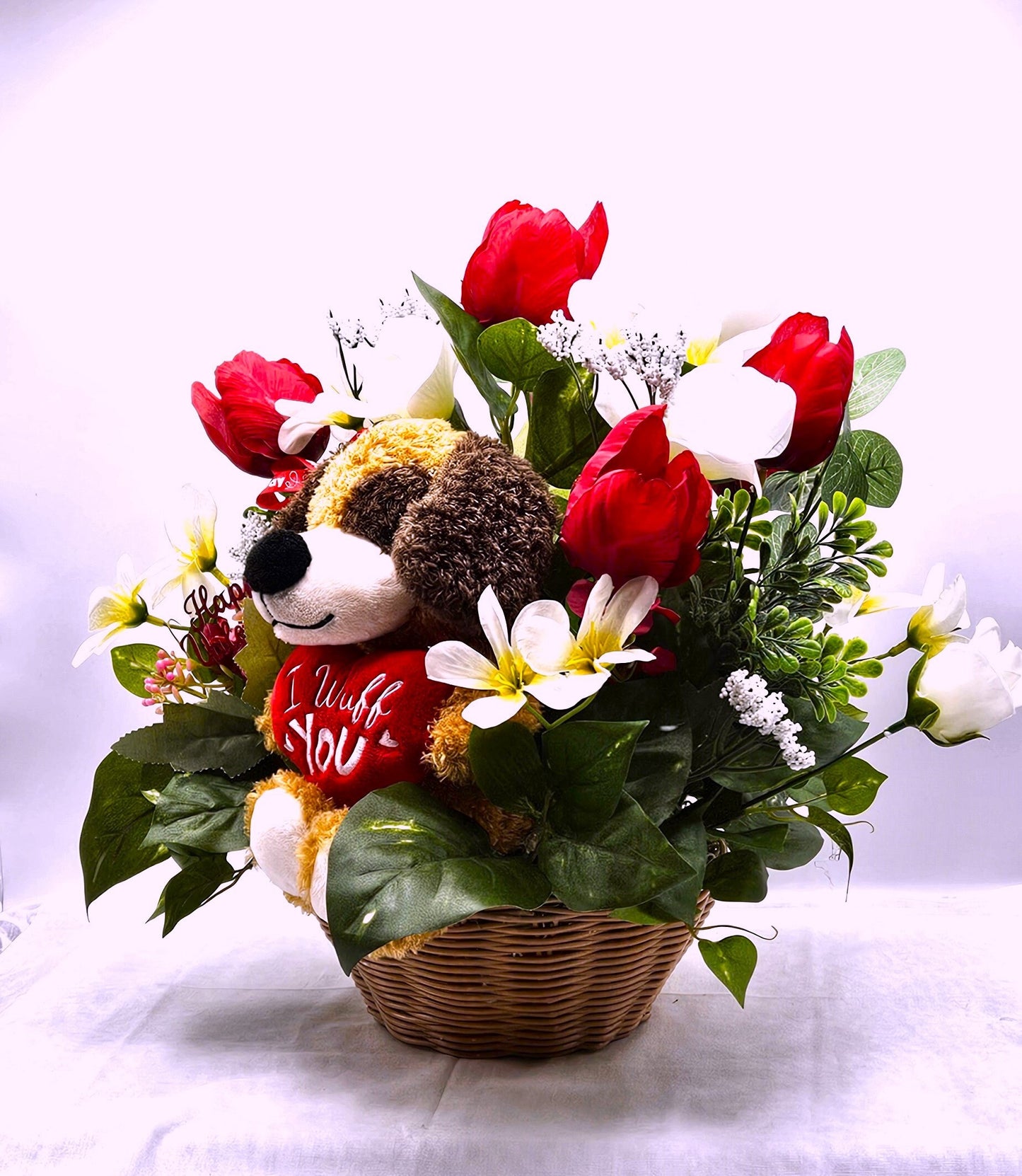 Romantic 'I Wuff You' Flower Arrangement, Red Tulips Bouquet, Cute Pup Floral Display, White Roses, Heart Accents