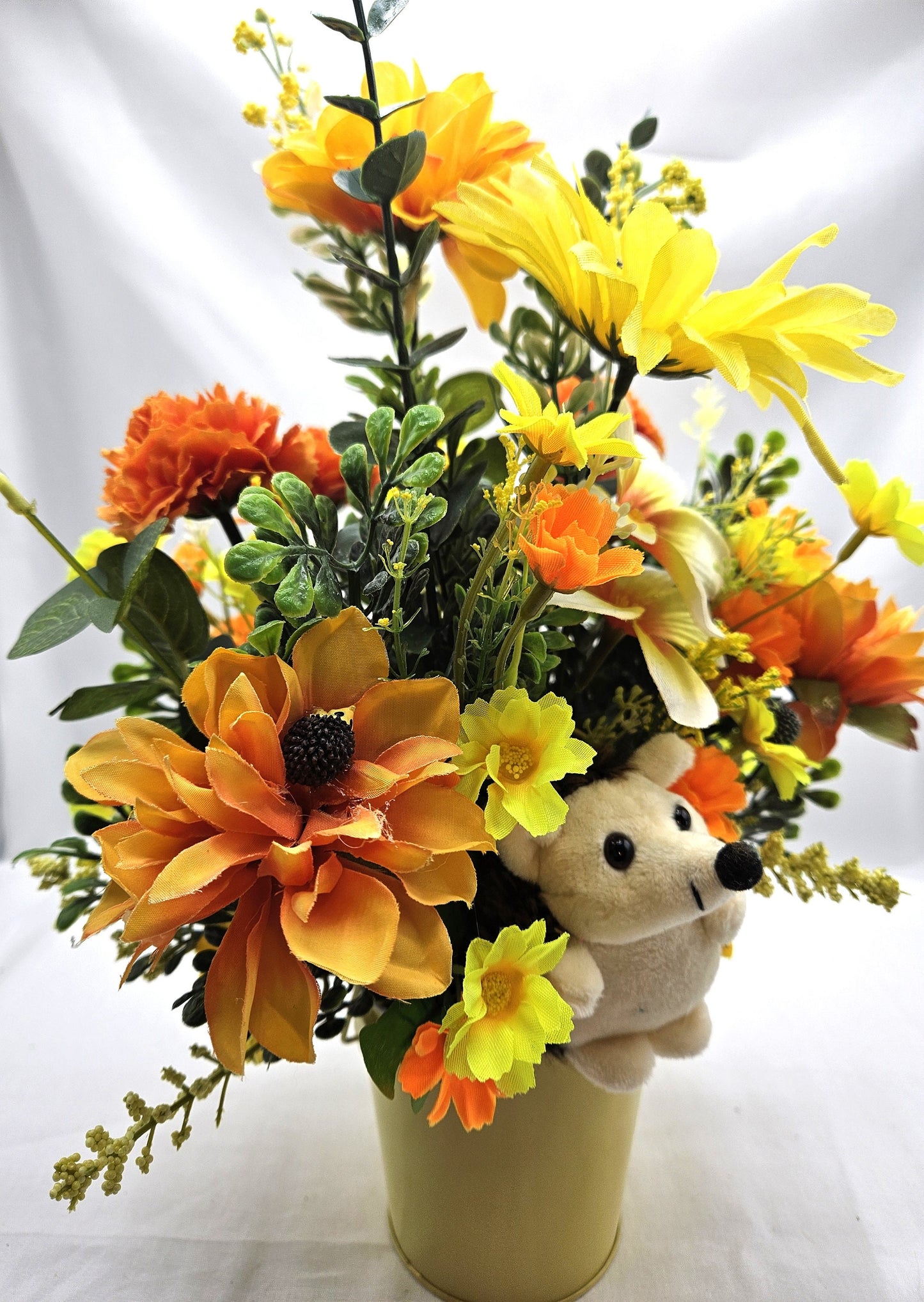 Cute Hedgehogs in a Bright, Vivid Cheerful Yellow floral Garden, A Plush Hedgehog Plus Smaller ones Scattered Throughout the Floral Piece