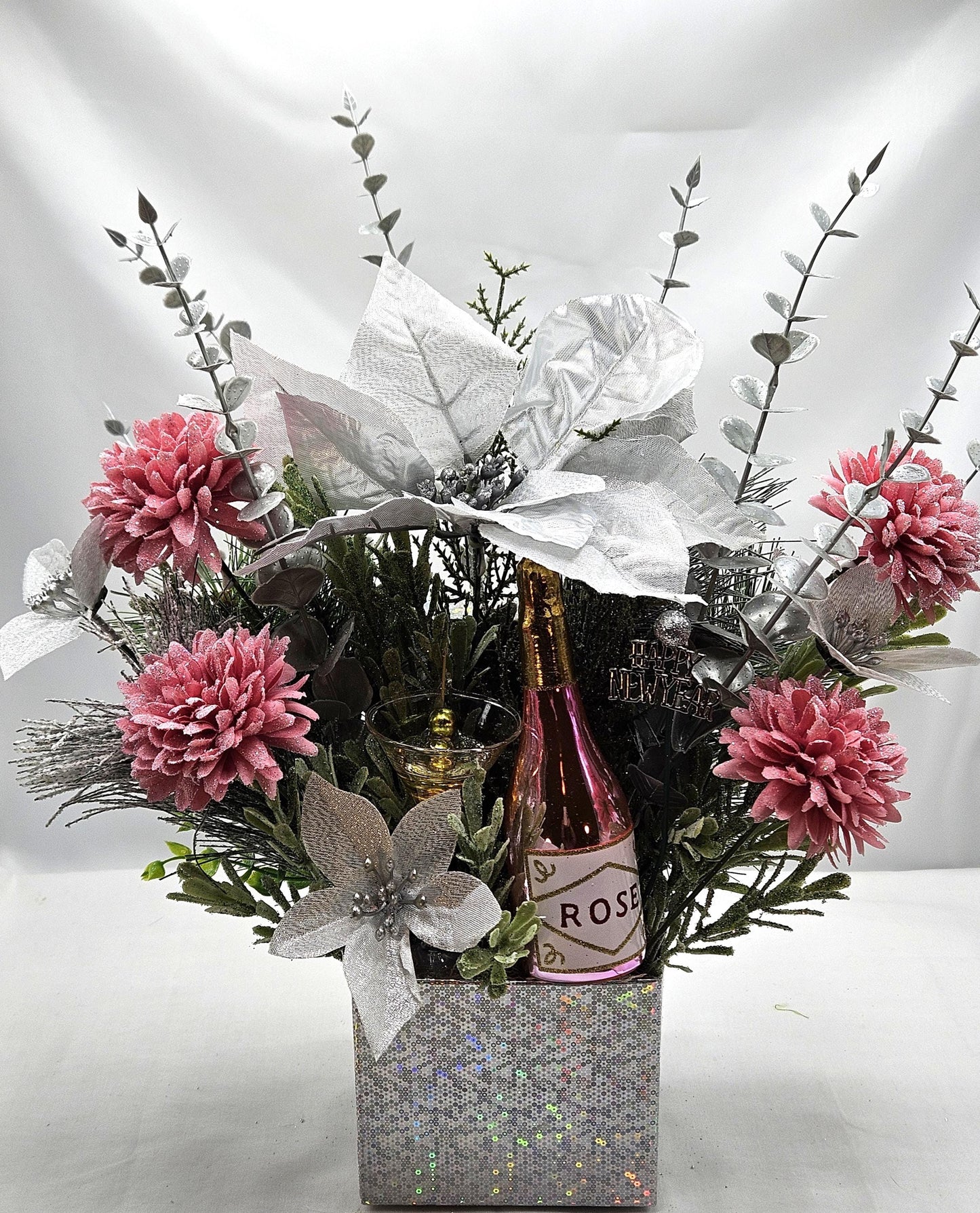 Congratulatory Arrangement in Bright Silver, New Year Champagne Toast/sparkly Silver Flowers/Accents in Silver Box/Cheers in 2025