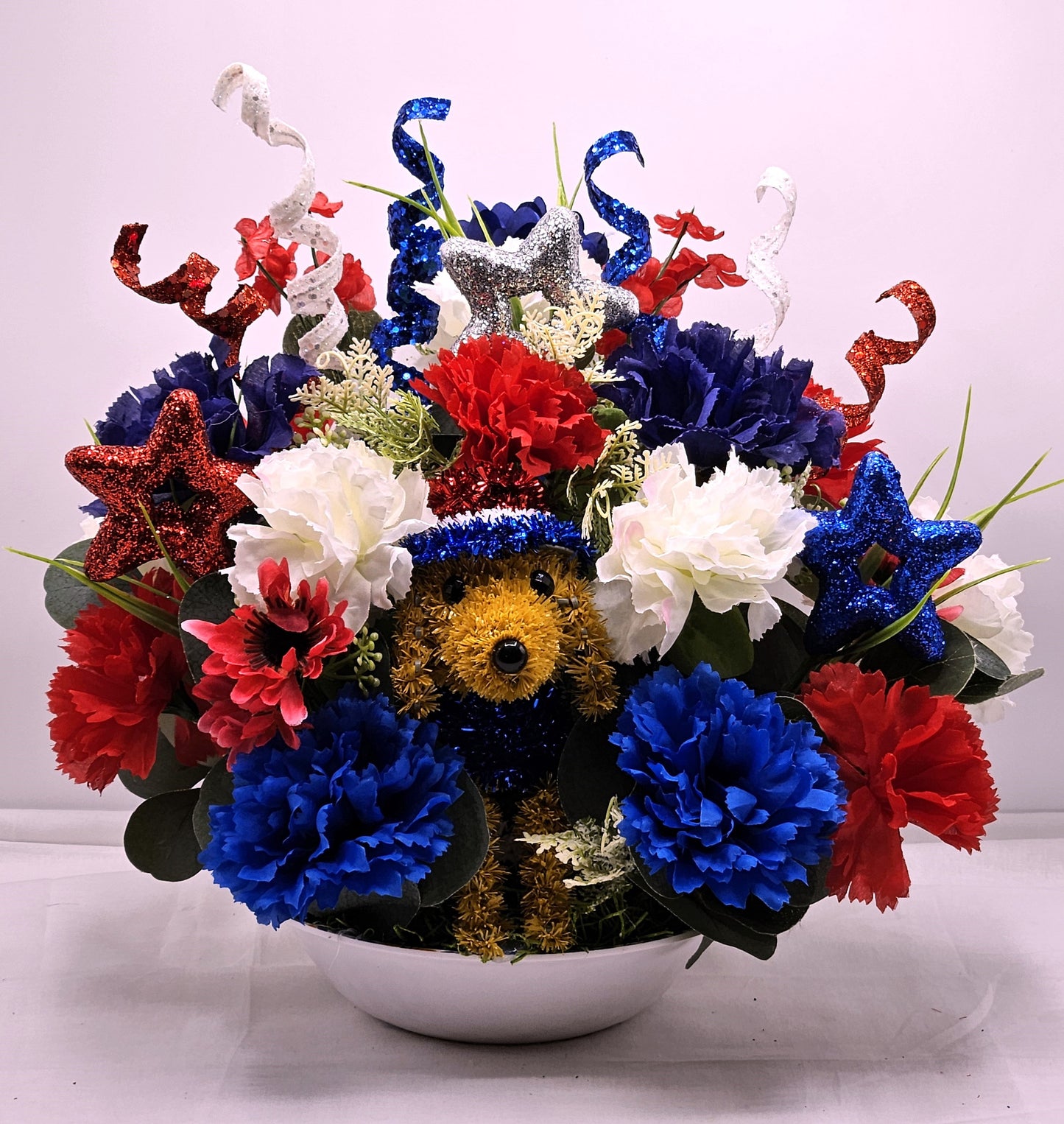 Patriotic Dog Floral Arrangement, Red White Blue Decor, Glittery Stars, Roses or Carnations, 2 Choices