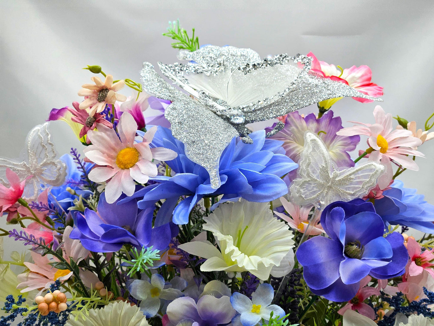 Butterflies and Flowers in a Decorated Box which Features Large Silver Butterfly and Smaller Accents, Butterfly Lover Gift, Butterfly Decor