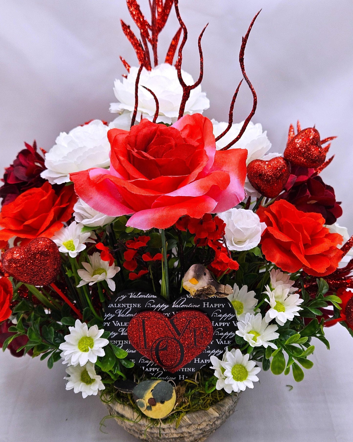 Valentine Floral Heart Garden Decor, Red Roses, White Daisies, Hydrangea, Greenery, Mushroom Birds Accent, Romantic Gift