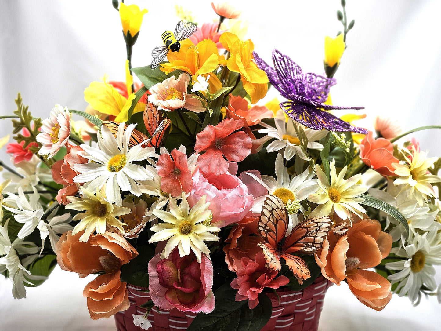 Wildflower Basket with Butterflies, Hot Pink Floral Container, Yellow Flower Basket, Gifts for Flower Lovers
