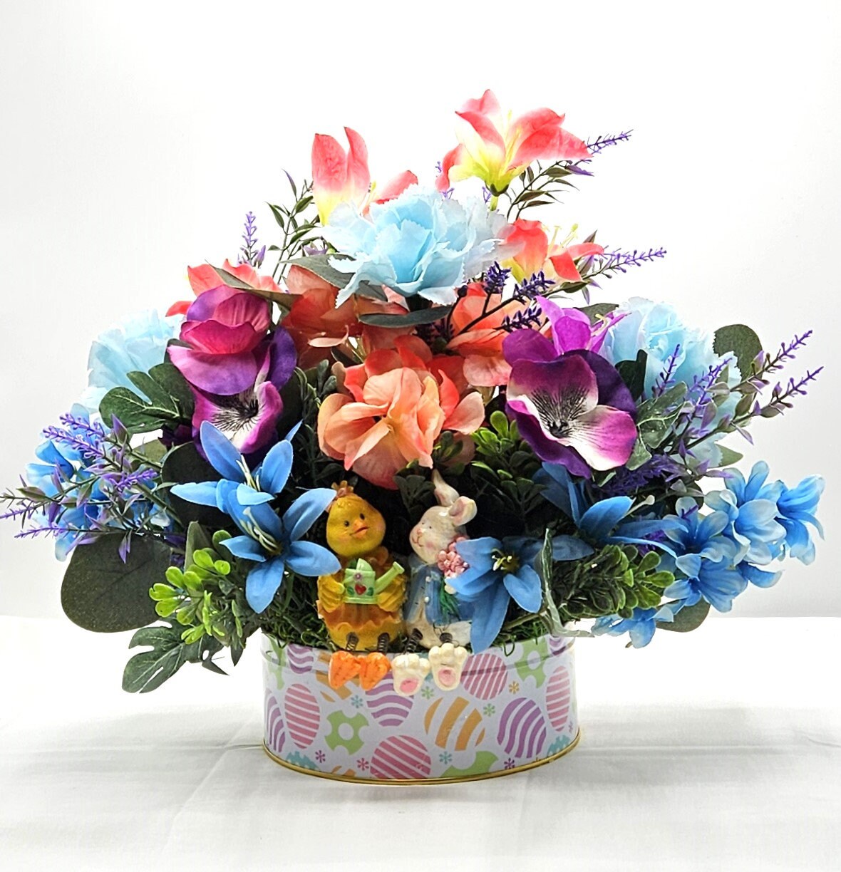 Egg Decorated Tin of Spring Pastel Flowers with Easter Chick and Bunny - Easter Table Centerpiece or Gift