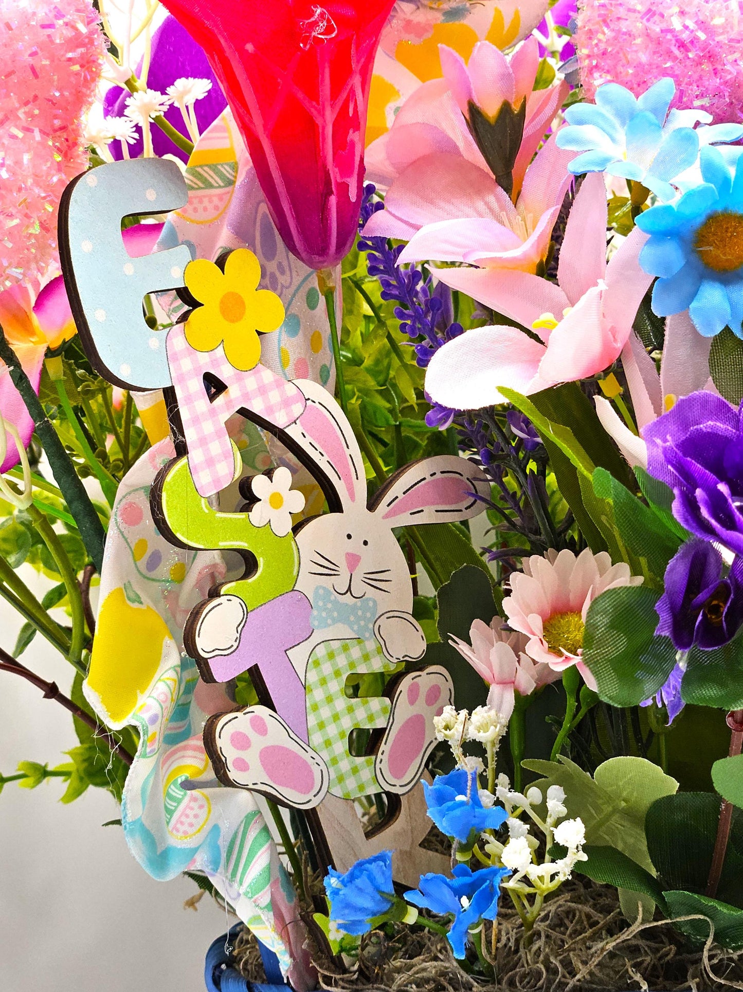 Elegant Lovely Easter Basket Adorned w/Glitter Bunnies, Eggs, Pretty Ribbon/Multi-Colored Lilies/Daisie/Other Spring Flowers/Easter Sign