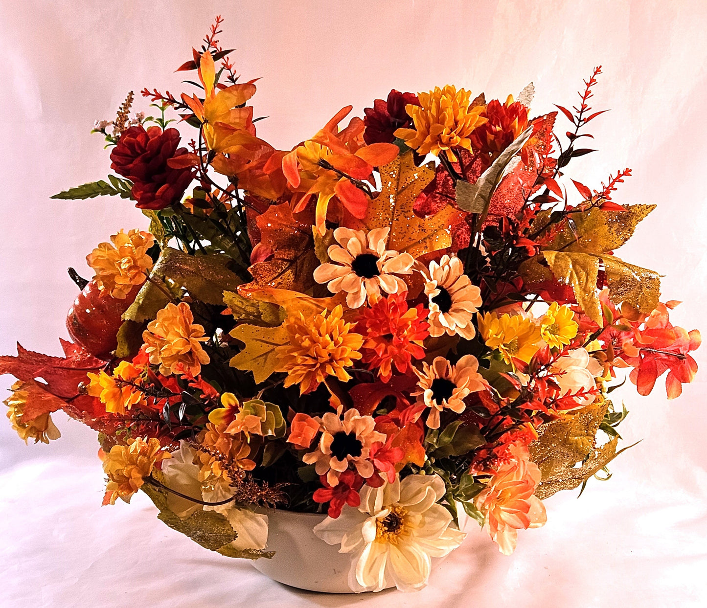 Flower Arrangement Featuring Handmade Carnation and Mum Flower Floppy-Eared Dog with Pumpkins, Mums, Pinecones/other Fall Flowers