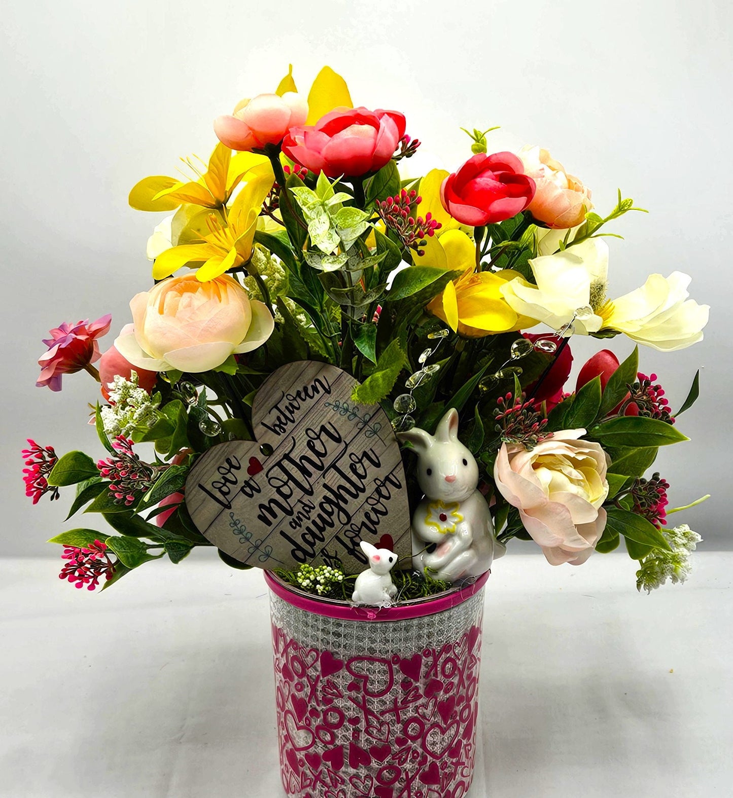 Momma & Baby Rabbits Floral Centerpiece, Heart-Deco Pot with Pink/Yellow Blossoms - Mother's Day Gift, Birthday for Her Gift