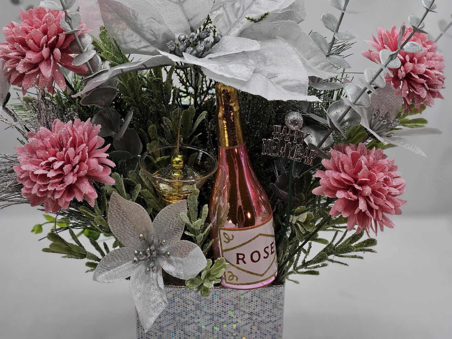 Congratulatory Arrangement in Bright Silver, New Year Champagne Toast/sparkly Silver Flowers/Accents in Silver Box/Cheers in 2025