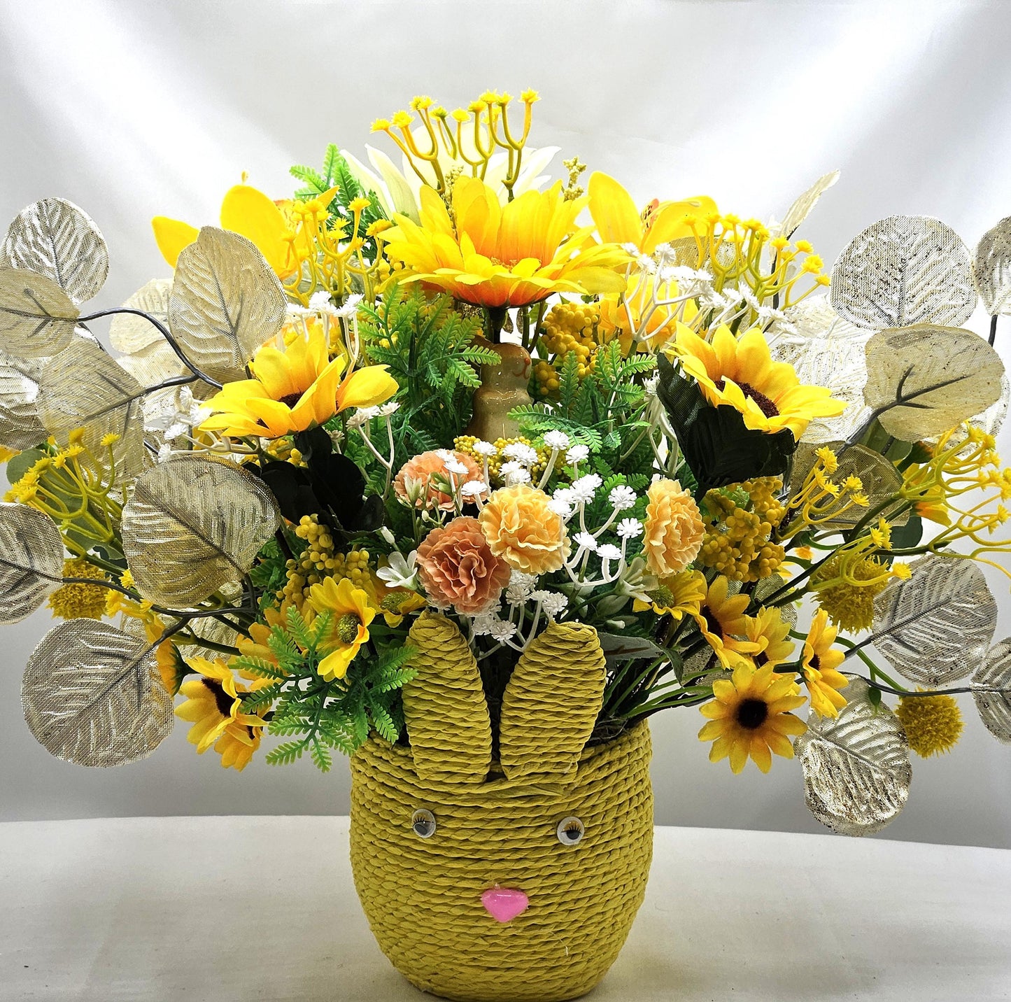 Easter Basket Gifts in 3 Colors, Pink/Yellow/Aqua, Each with a Bunny Accent, colorful Flowers, Lots of Glitter and Greenery, Great Gift Idea