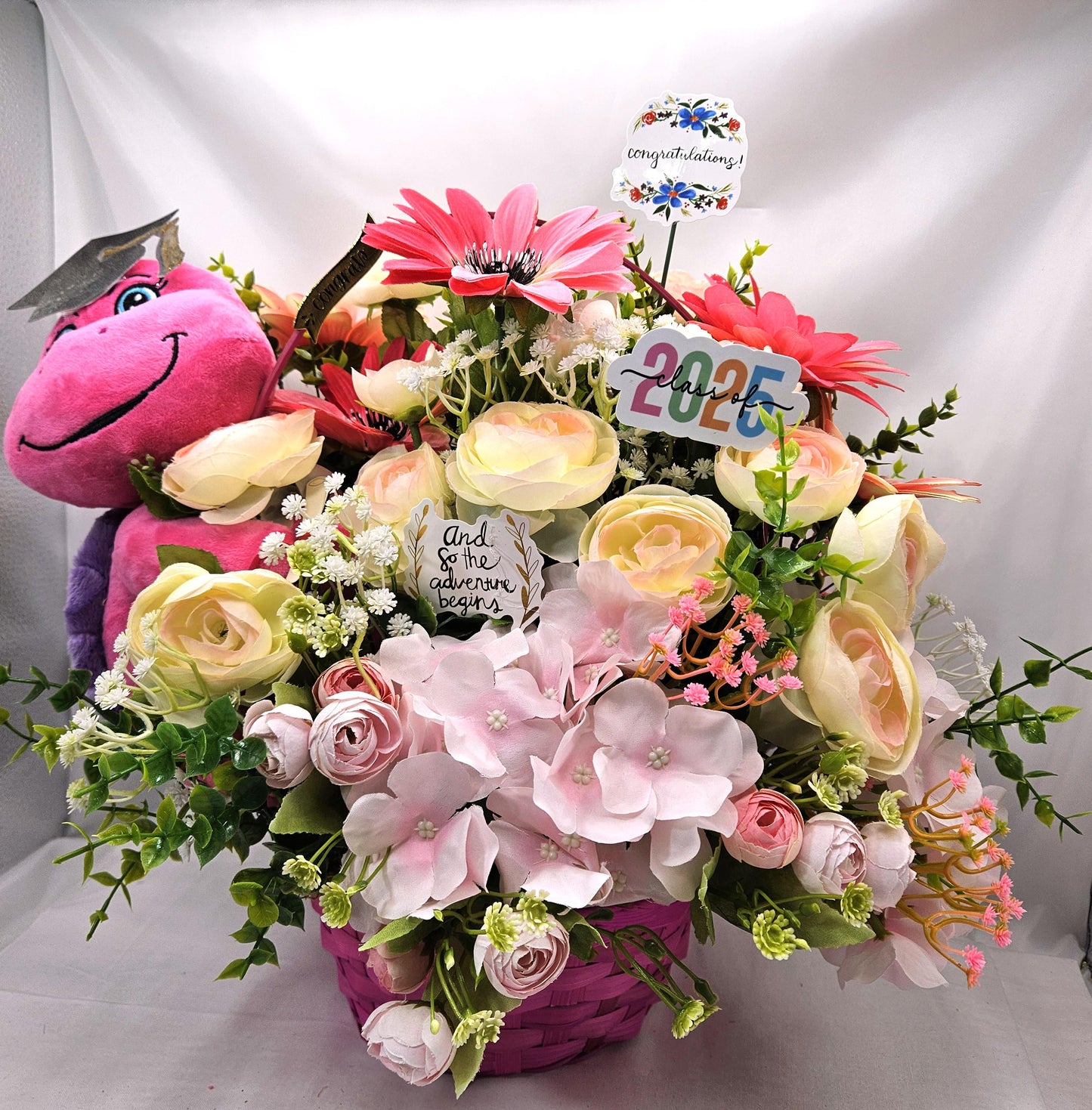Turtle Lover Graduation Centerpiece/Whimsical Stuffed Pastel Turtle/Pink Wicker Basket/Ranunculus/Roses/Hydrangea/Pinks/White/Congrat Notes