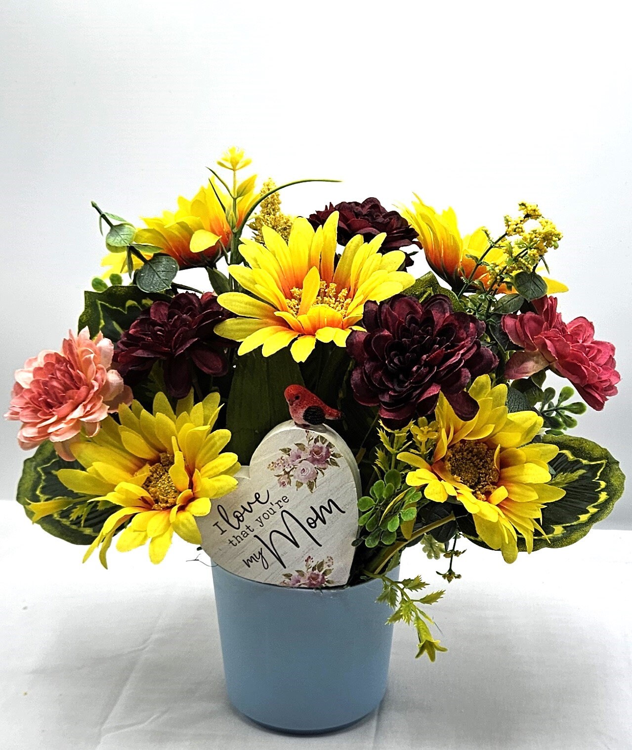 Gift for Mom, 'I Love That You're My Mom' Wooden Heart, Bird Accent in Sunflower.Dahlia, Daisy Spring Flower Mix