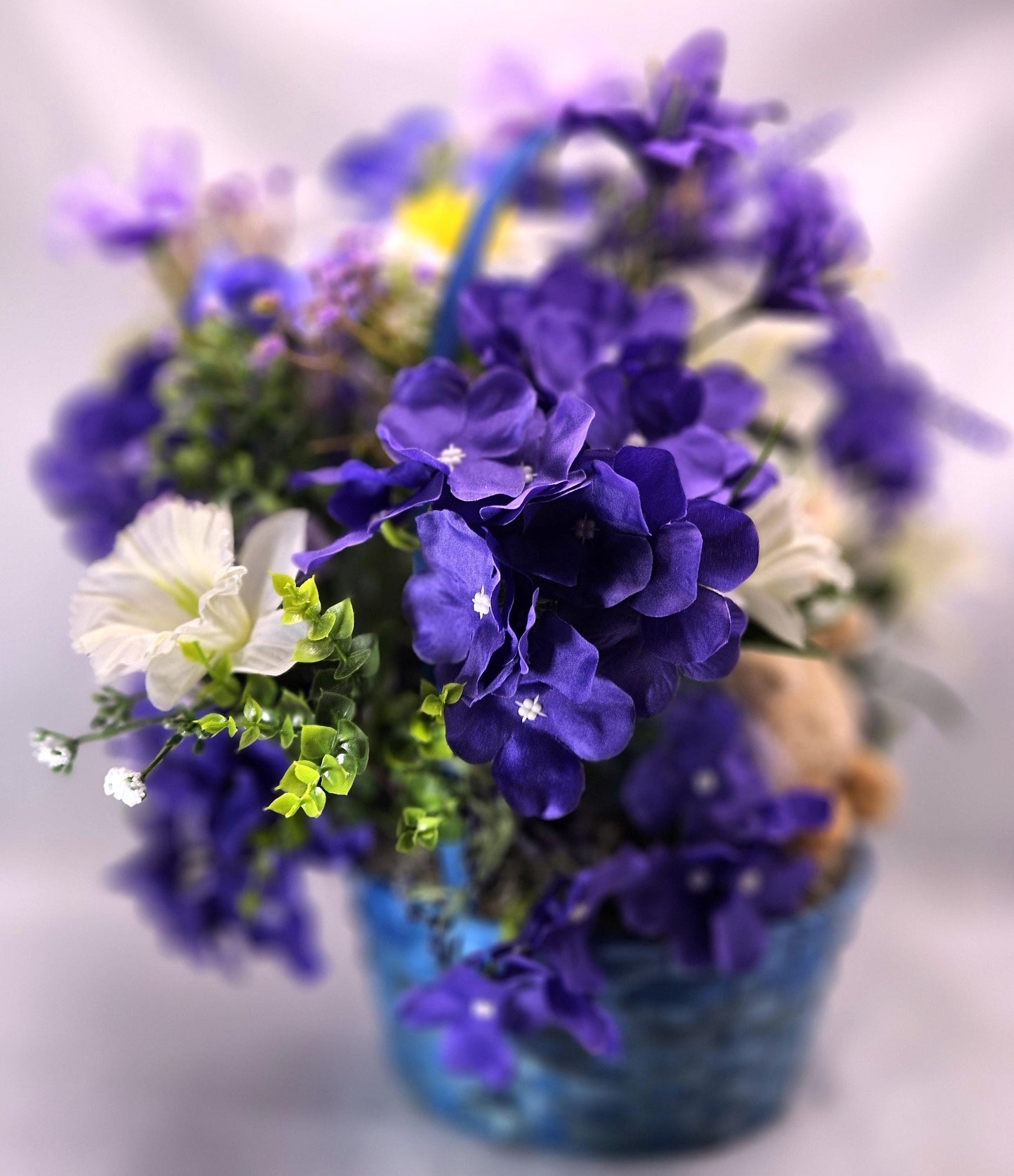Purple Floral Centerpiece w/cute Stuffed Animal in Front of Lovely purple and white flowers, Great for Housewarming/Birthday/Thinking of You