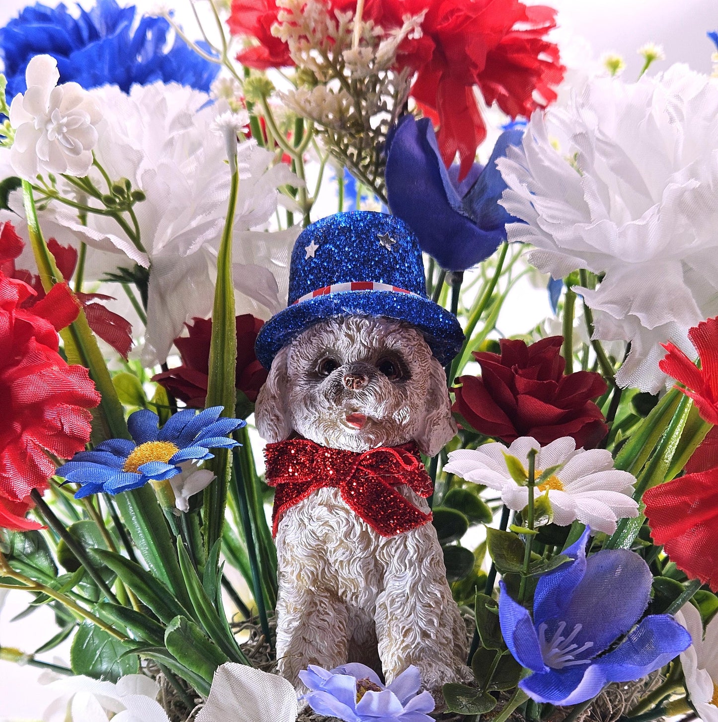Patriotic Flower Arrangement, Heart-Shaped Dish, Red White Blue Flowers, Patriotic Decor, Celebrative Gift