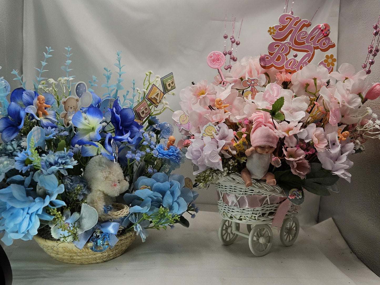 Welcome Baby W/these Pink Buggy or Blue Basket/Bassinet Floral Centerpieces, 2 Options, Boy or Girl, Baby Accents and Decor/Great for Shower
