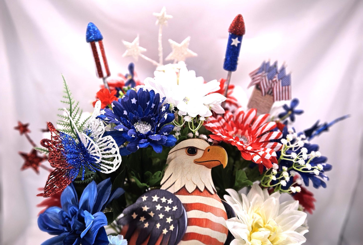 American Pride Garden Decor, Majestic Eagle Display, Floral Patriotism, Stars and Stripes, USA Butterfly Feature
