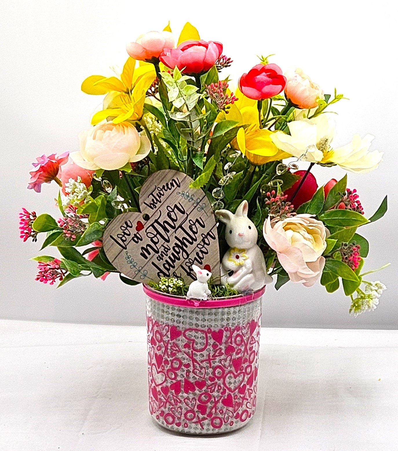 Momma & Baby Rabbits Floral Centerpiece, Heart-Deco Pot with Pink/Yellow Blossoms - Mother's Day Gift, Birthday for Her Gift