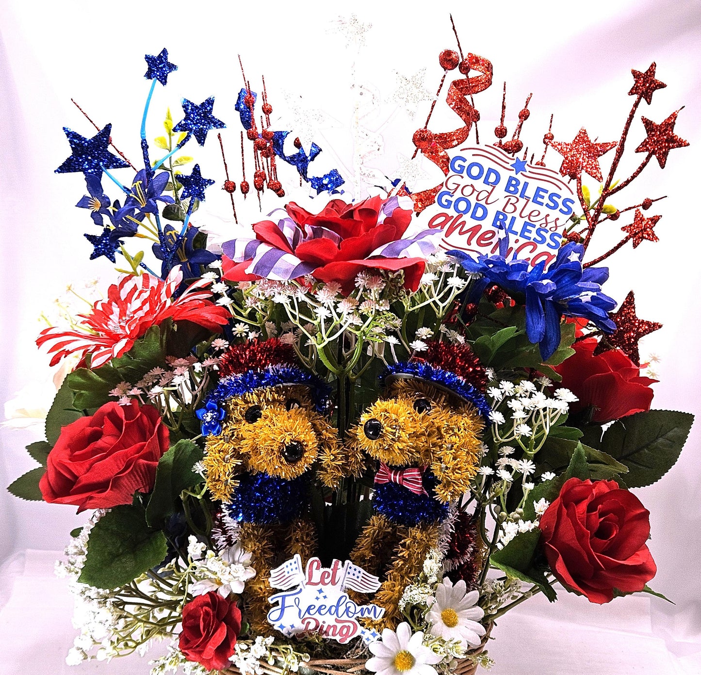 Patriotic American Dog Garden Decor with Red White Blue Roses, Baby’s Breath & Sparkly Stars – USA Outdoor Decoration