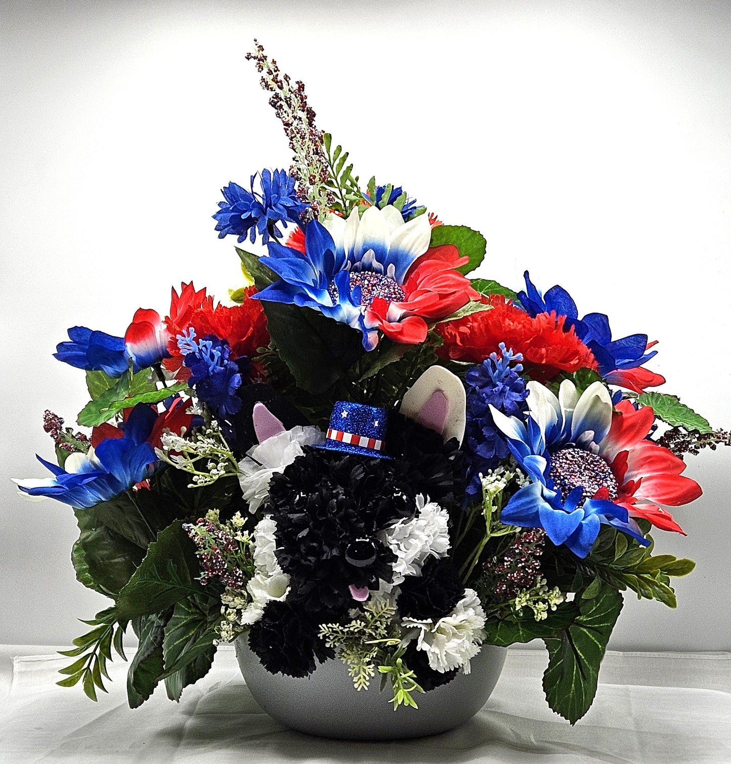 Black and White Silk Carnation Flower Dog Decor, Red/White/Blue Floral Garden, Patriotic Gift, Dog Lover Decor
