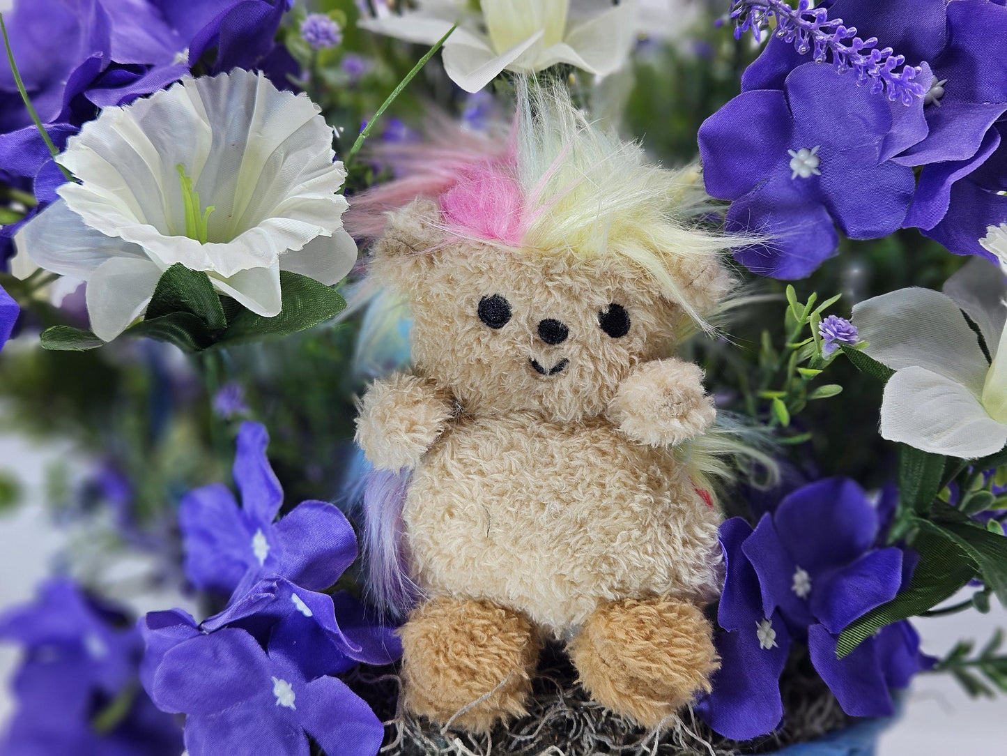Purple Floral Centerpiece w/cute Stuffed Animal in Front of Lovely purple and white flowers, Great for Housewarming/Birthday/Thinking of You
