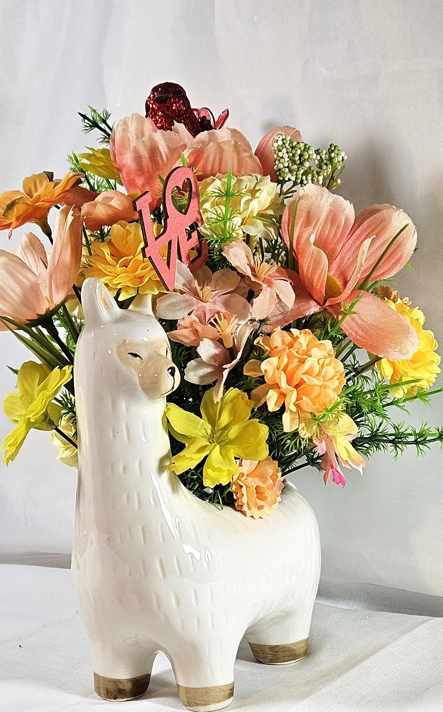 Love Ceramic Llama Arrangement: Peach/Yellow Blooms with Heartfelt Messages & Cute Bird, Perfect for Romantic Gift Occasions