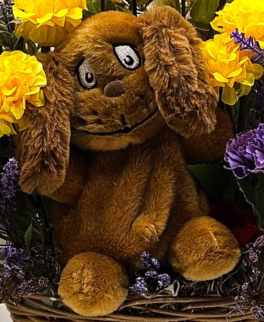 Get Well Floral Centerpiece with Cute Dog/Lift Someones Spirit W/This Charming Gift/Chase Away the Blue sand Make Someone Smile/Colorful