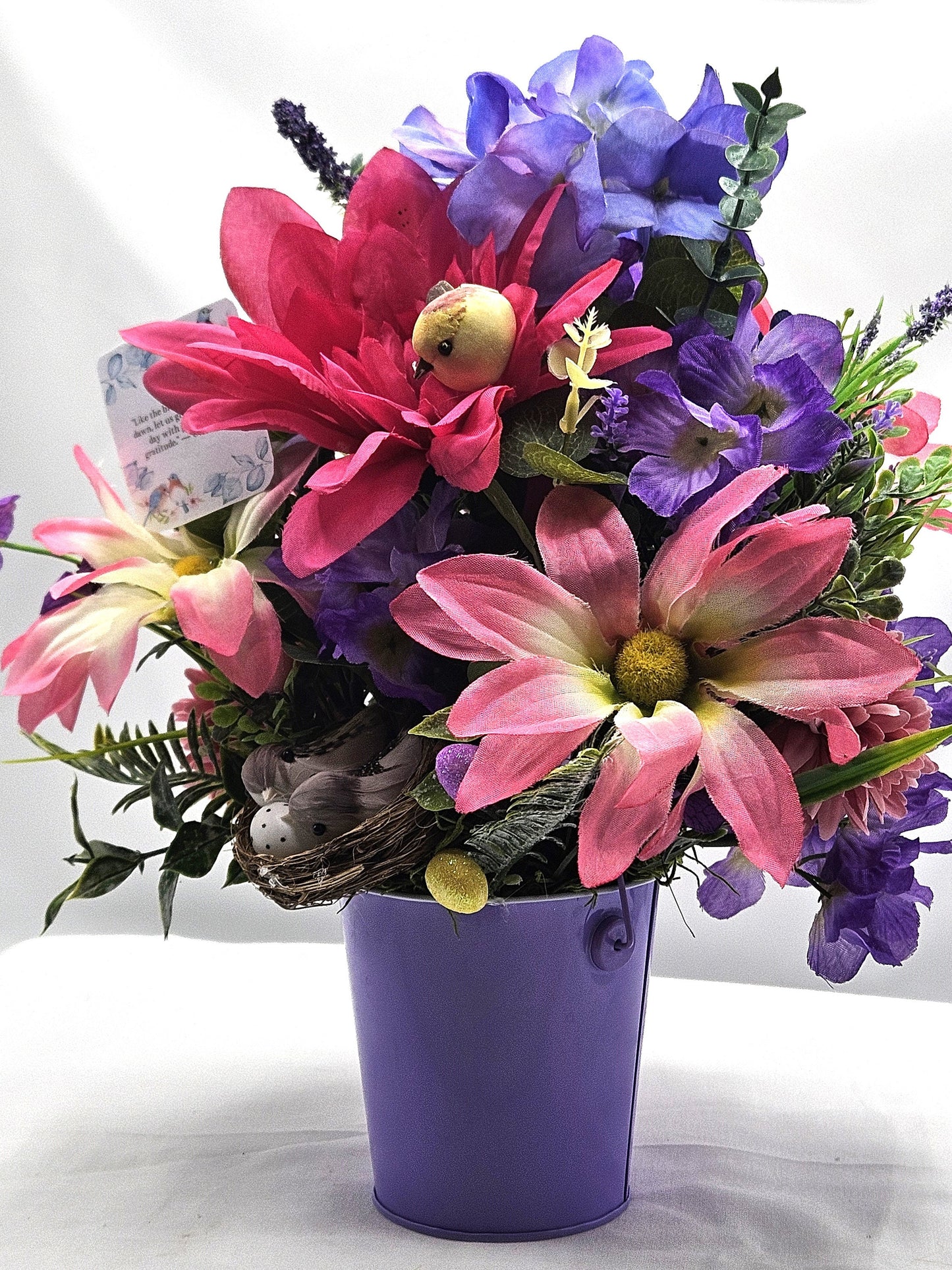 Flower Arrangement with Message to Greet Each New Day With Praise and Gratitude, Birds Throughout the Garden, Bird Lover Gift